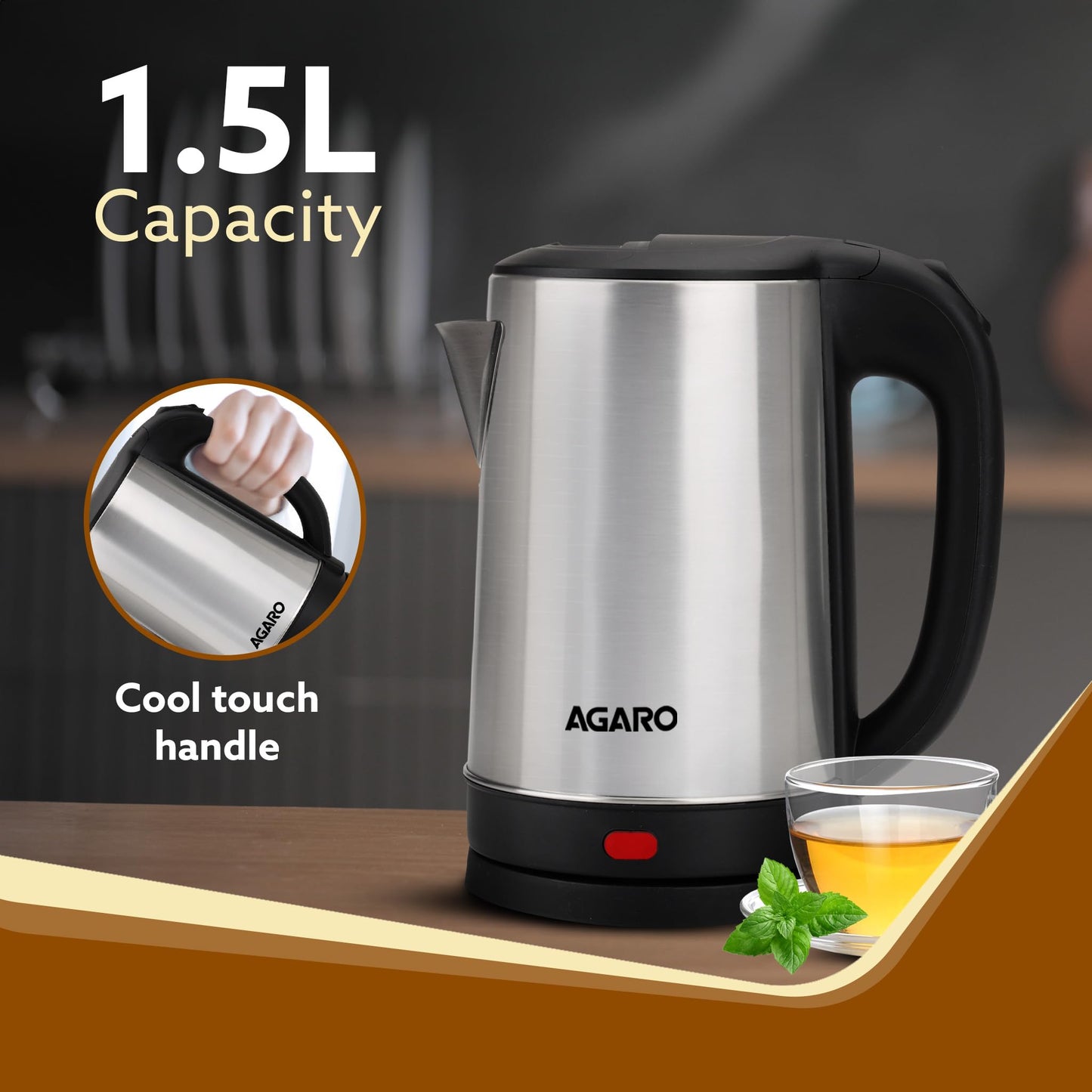 AGARO Sonnet Electric Kettle, 1.5L, 1500W, Stainless Steel Body, Quick Boil, Water Boiler, Hot Water Kettle , For Making Black Tea & Black Coffee, Instant Noodles, Auto Shut Off, Cool Touch Handle