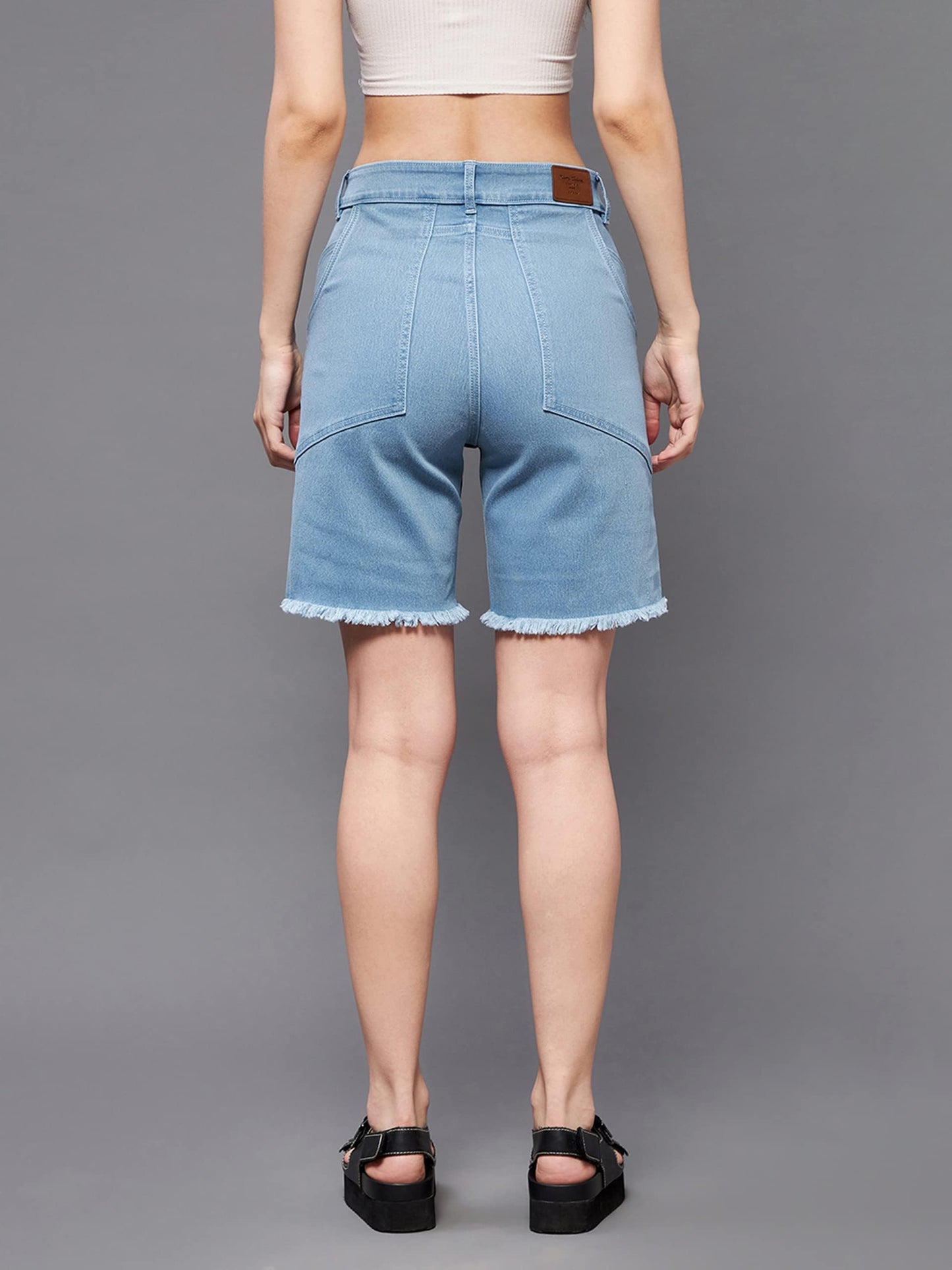 Miss Chase Women's Regular Length High Rise Clean Look Above Knee Stretchable Denim Shorts (MCSS22DEN09-05-158-36, Light Blue, 36)