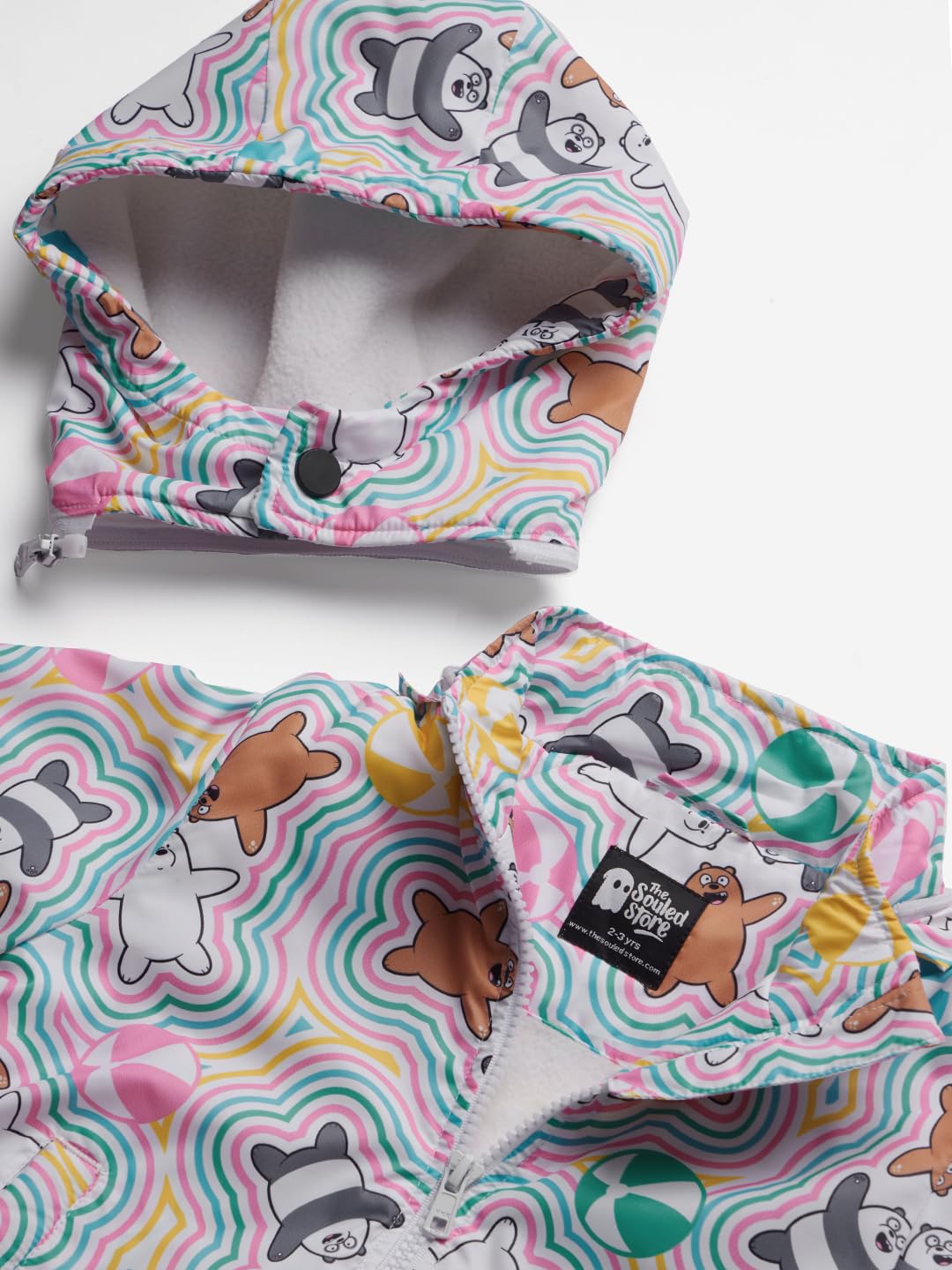 The Souled Store Official We Bare Bears: Happy Vibes Long Sleeve Hooded Detachable Neck Cotton Puffer Jackets Grey