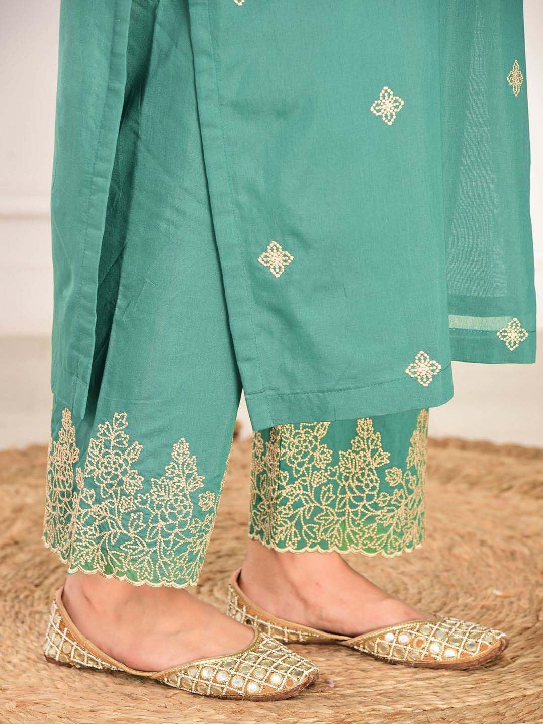 TWINLIGHT Women's Silk Blend Salwar Suit Set | V Neck Full Sleeves Embroidered Straight Length Kurta and Elastic Waistband Closure Solid Pant with Jacquard Border Dupatta | LF-NEHA_Rama_2XL