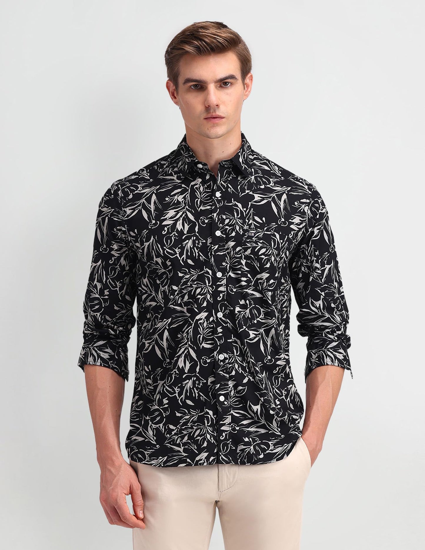 Arrow Men's Printed Full Sleeve Slim Fit Point Collar Cotton Casual Shirt White