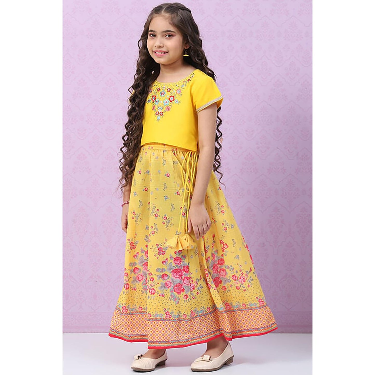 BIBA Girls Polyester Flared Self Design Lehenga Set (KW4960EAW22YEL_Yellow_15)