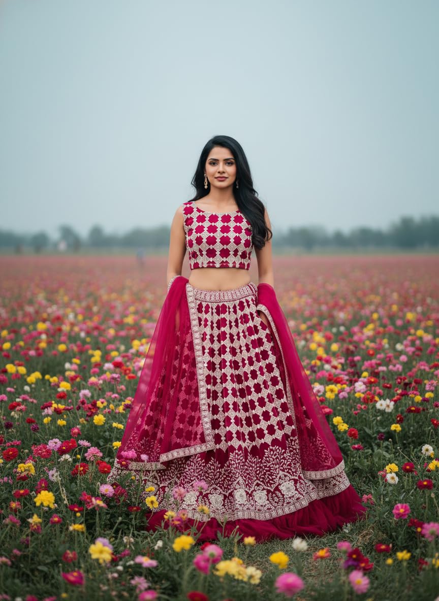 VARNI FABRICS Women's Pink Embroidered Lehenga Choli With Dupatta, Embroidery Pattern, Bridal Wear, Semi-Stitched