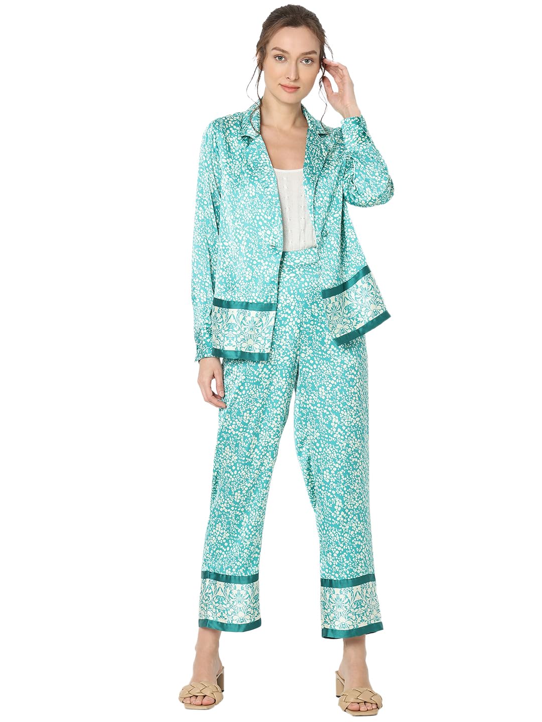 VERO MODA Women Abstract Print Blue Relaxed Fit Single Breasted Blazer