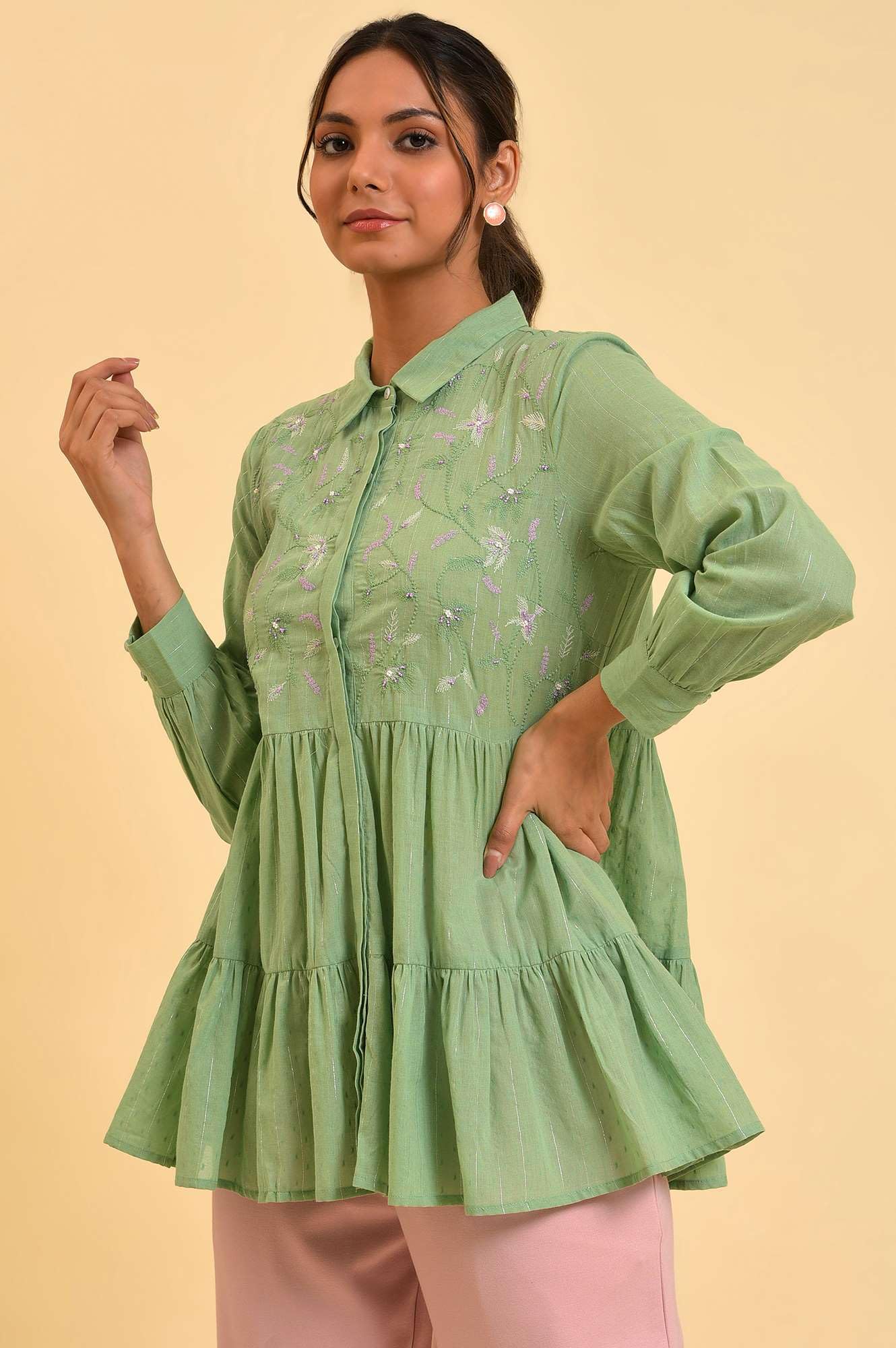 W for Woman Green Lurex Stripes Embroidered Tiered Top (Size: M)-23FEW31268-830263