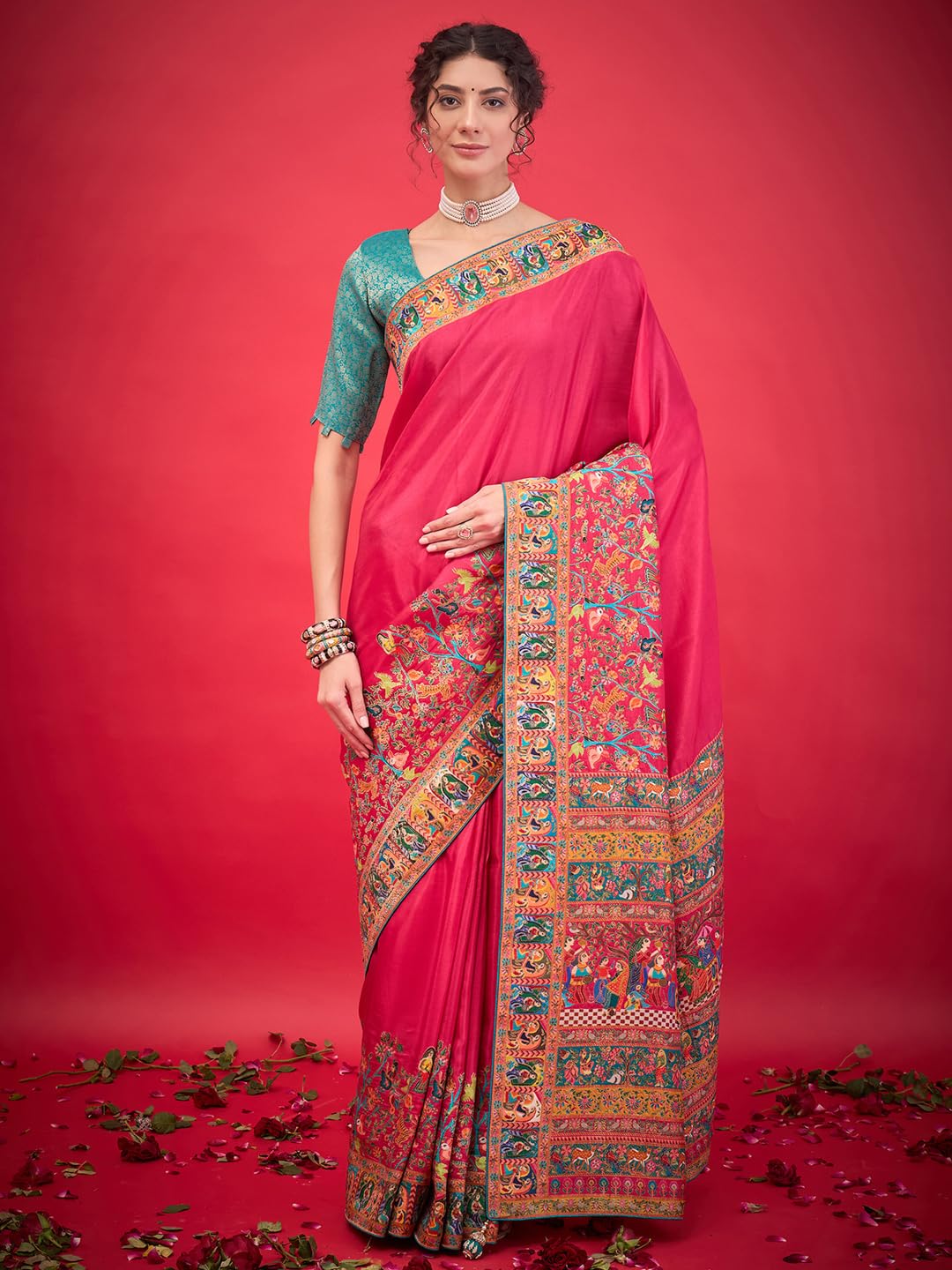 AKHILAM Women's Pink Viscose Silk Ethnic Motif Printed Saree With Unstitched Blouse Piece (MSTANI144A_HS)