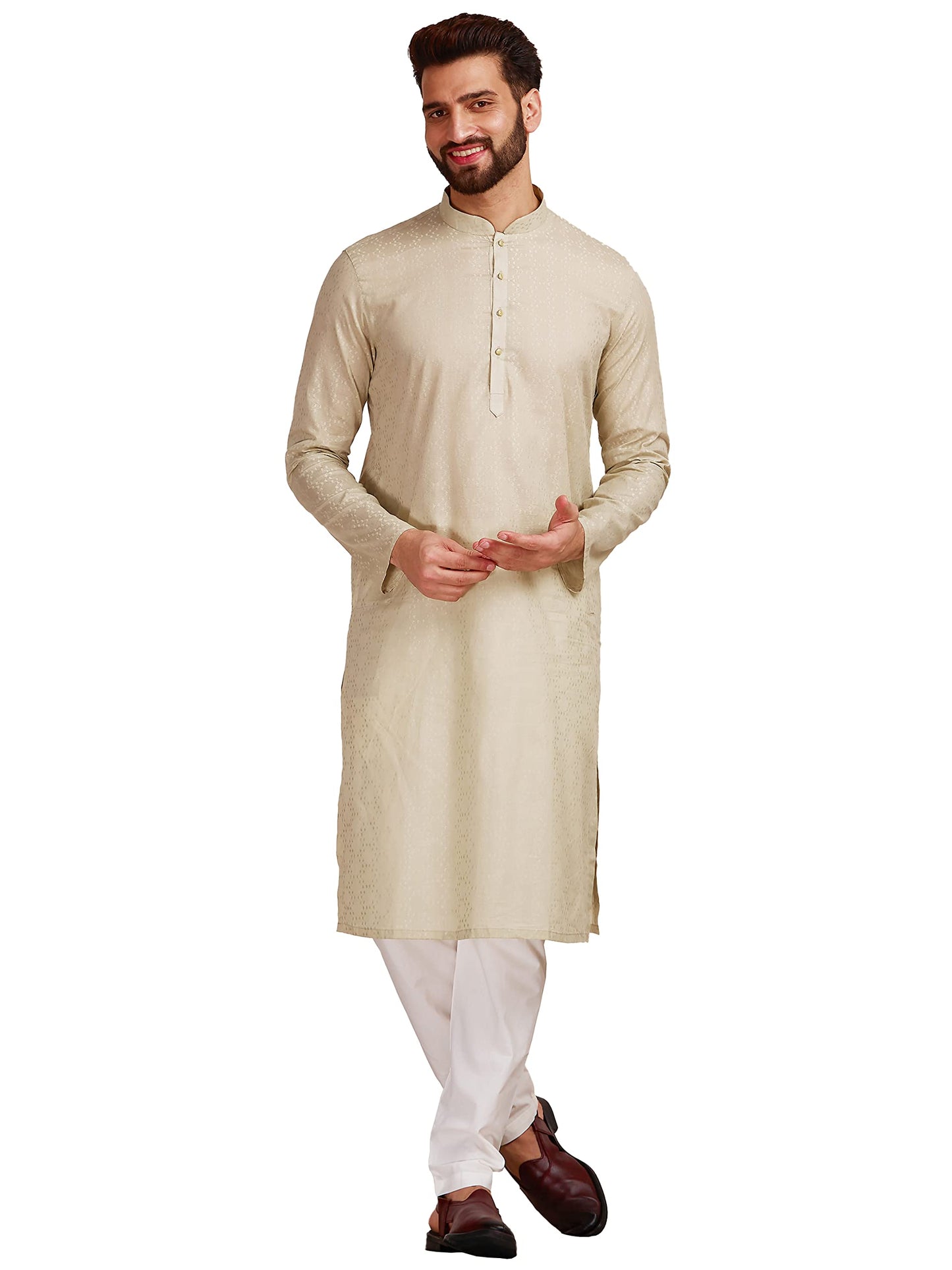 Manyavar Pista Cotton Full Sleeve Kurta Set | Traditional Kurta Set For Men (M)