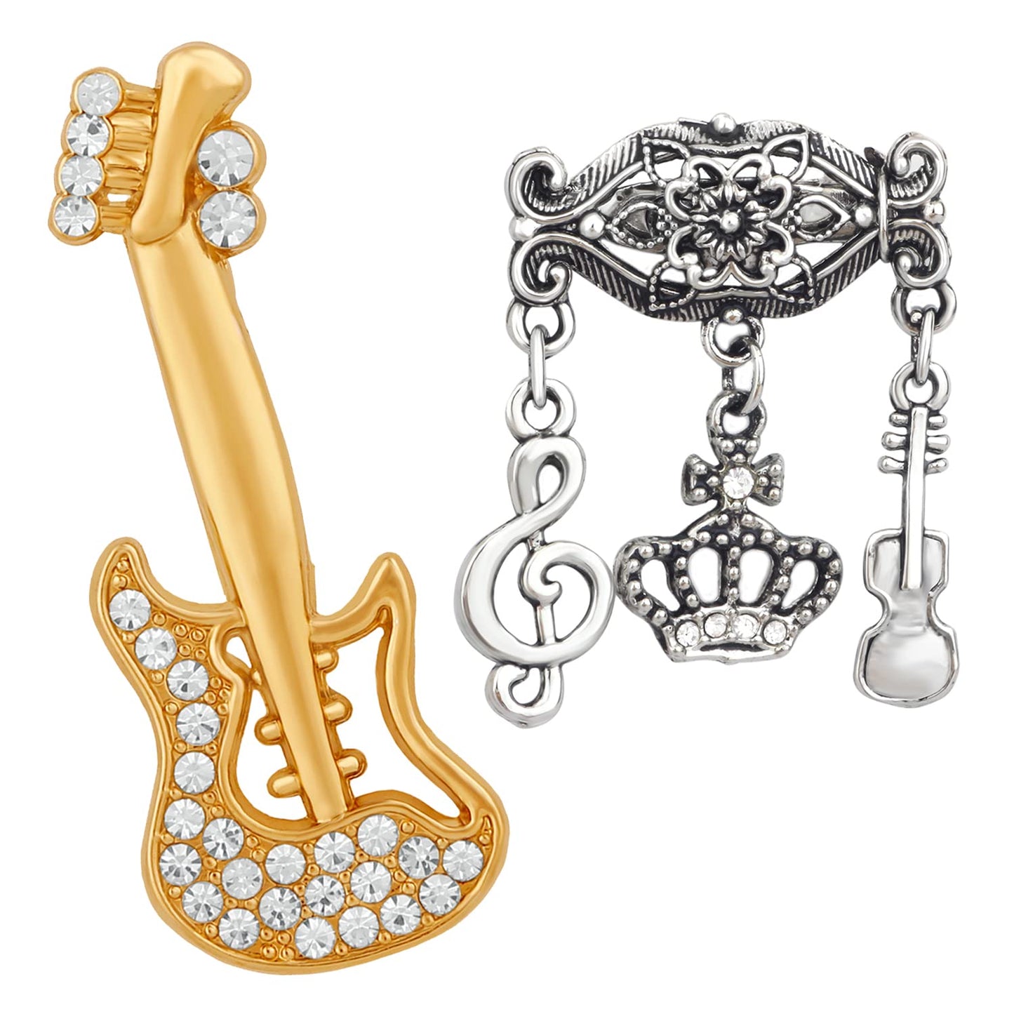 Mahi Combo of Musical Notes Charms and Guitar Wedding Brooch/Lapel Pin with White Crystals for Men (CO1105466M)