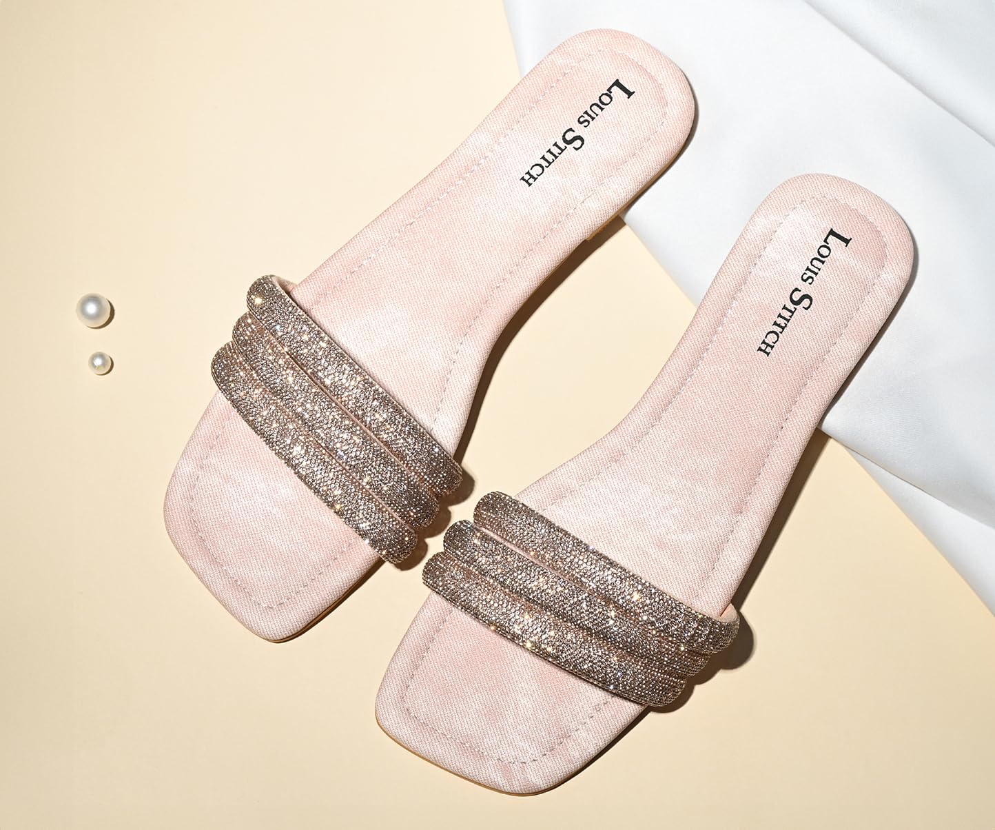 LOUIS STITCH Women’s Fashion Flat Slip-On Sandals | Open Toe Shiny Strap Flat Slipper for Ladies, Comfortable All day Wear Slipper | LDSL-GLST