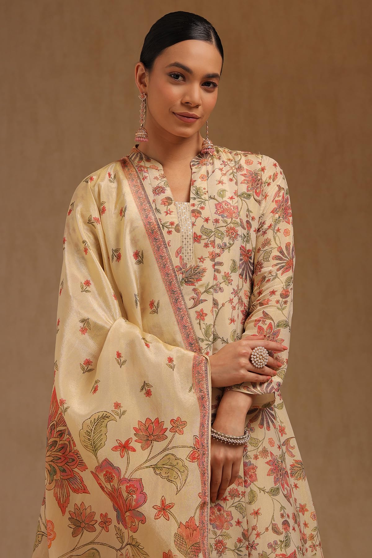 Soch Womens Beige Tissue Botanical Salwar Suit With Cutdana