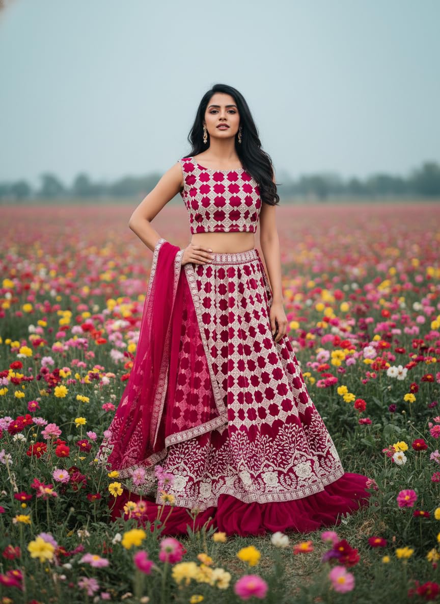 VARNI FABRICS Women's Pink Embroidered Lehenga Choli With Dupatta, Embroidery Pattern, Bridal Wear, Semi-Stitched