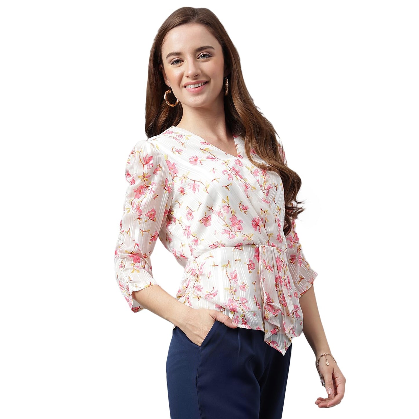 Latin Quarters Casual Puff Sleeves Floral Print Women Pink Top_M