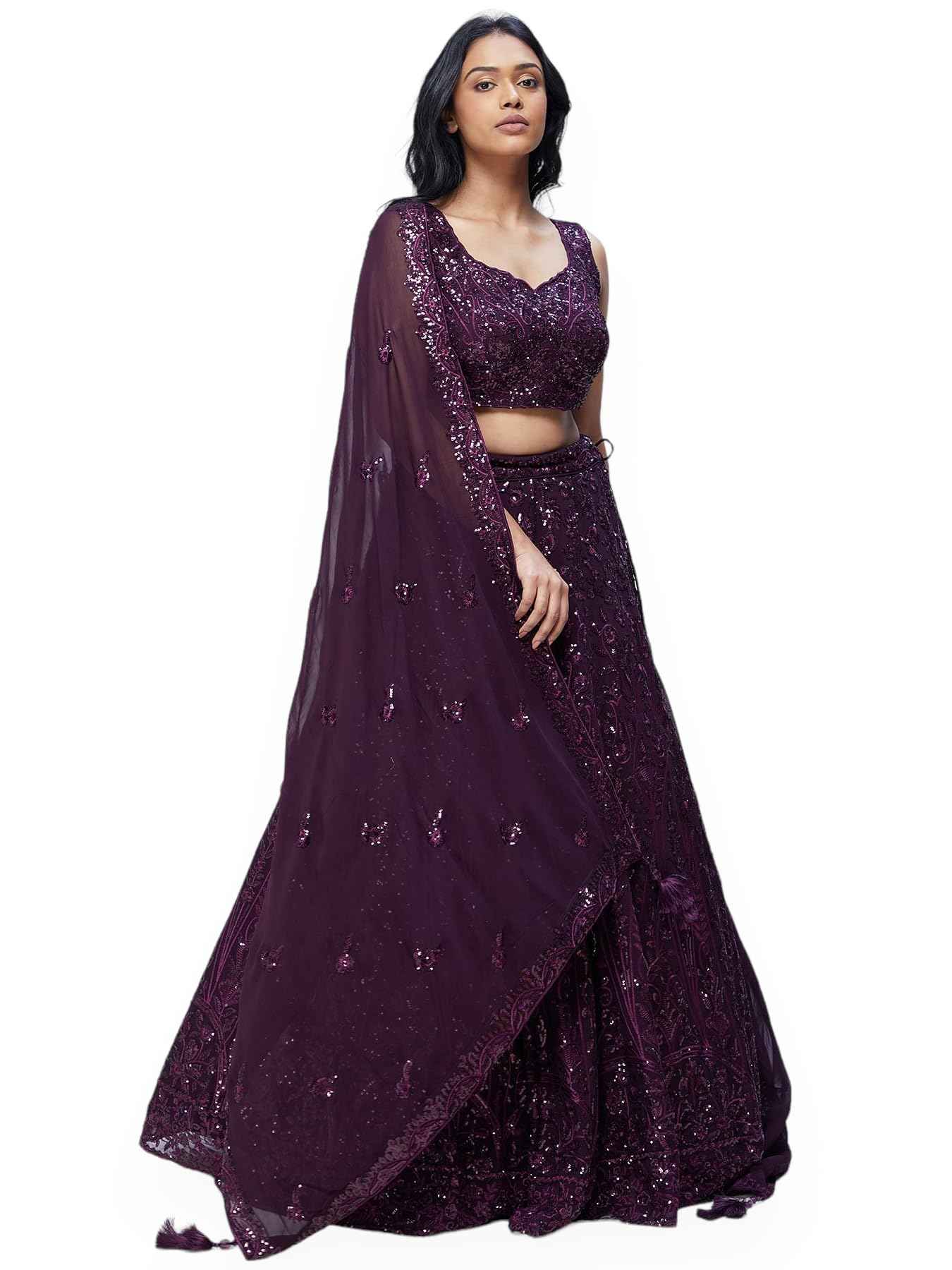 Zeel Clothing Womens Georgette Lehenga Choli Semi-Stitched Purple Free Size