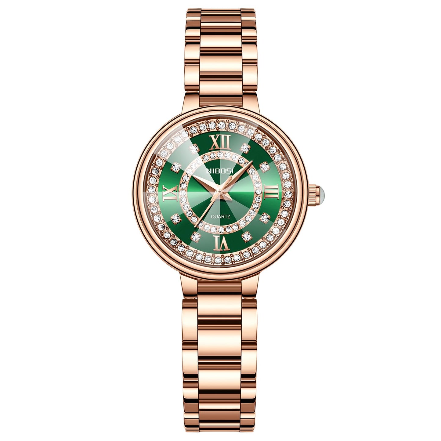 NIBOSI Women Watches Rose Gold Stainless Steel Analog Quartz Luxury Diamond Latest Watch for Ladies Luxury Stylish Waterproof (Rose Green)