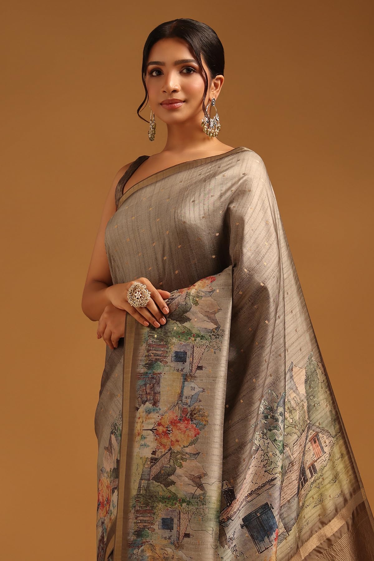 Soch Womens Olive Tussar Botanical Saree With Zari Woven