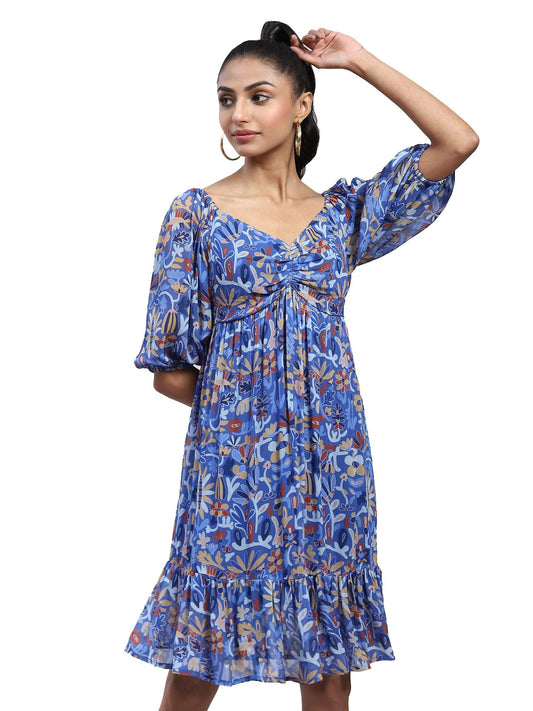 Label RITU KUMAR Blue Printed Short Dress