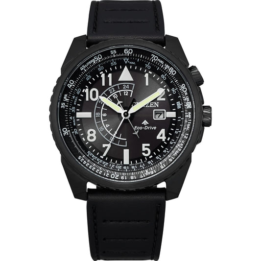 Citizen Men's Promaster Nighthawk Stainless Steel Eco-Drive Aviator Analog Watch With Leather Strap, Black, 22 (Model: Bj7135-02E), Band Color:Black