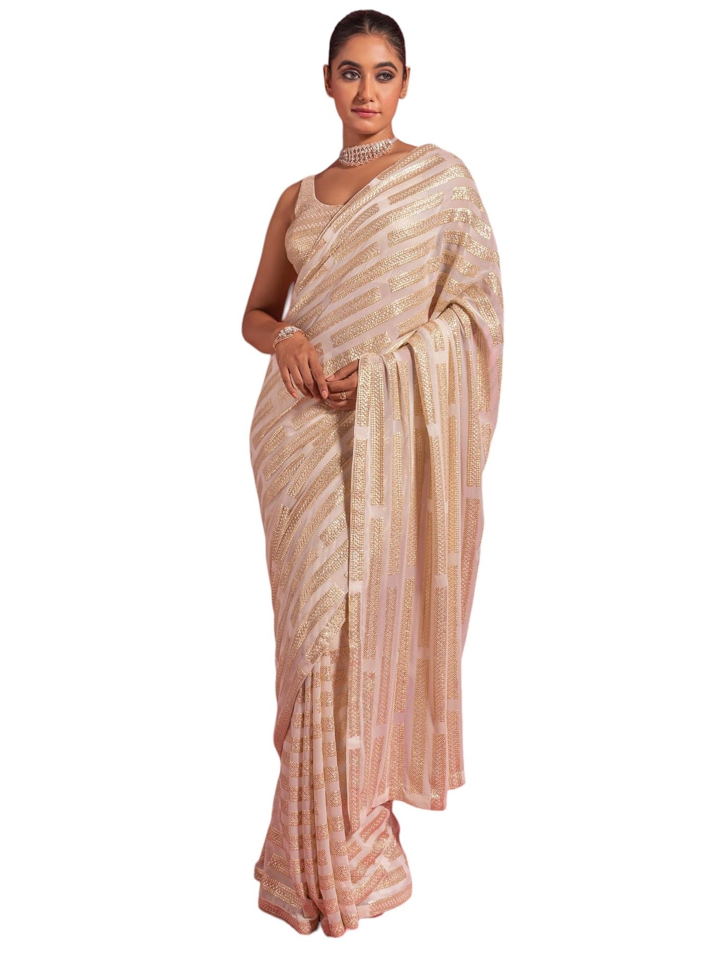 Zeel Clothing Women's Off-White Sequins Work Heavy Georgette Saree with Blouse (1022-Off-White-Sequins-Saree-Latest, Off-White)