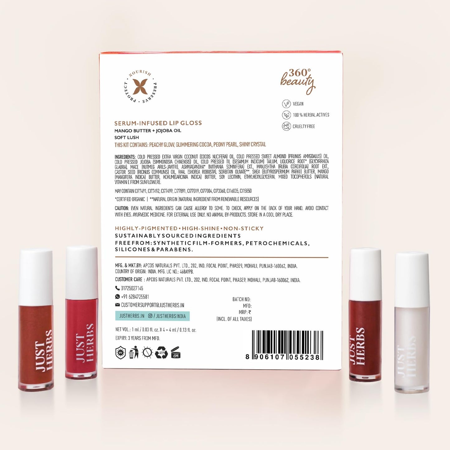 Just Herbs 4 IN 1 Lip Gloss for Women, Serum Infused Non-Sticky Glossy and Hydrating Lip Gloss 4g (Soft Lush)