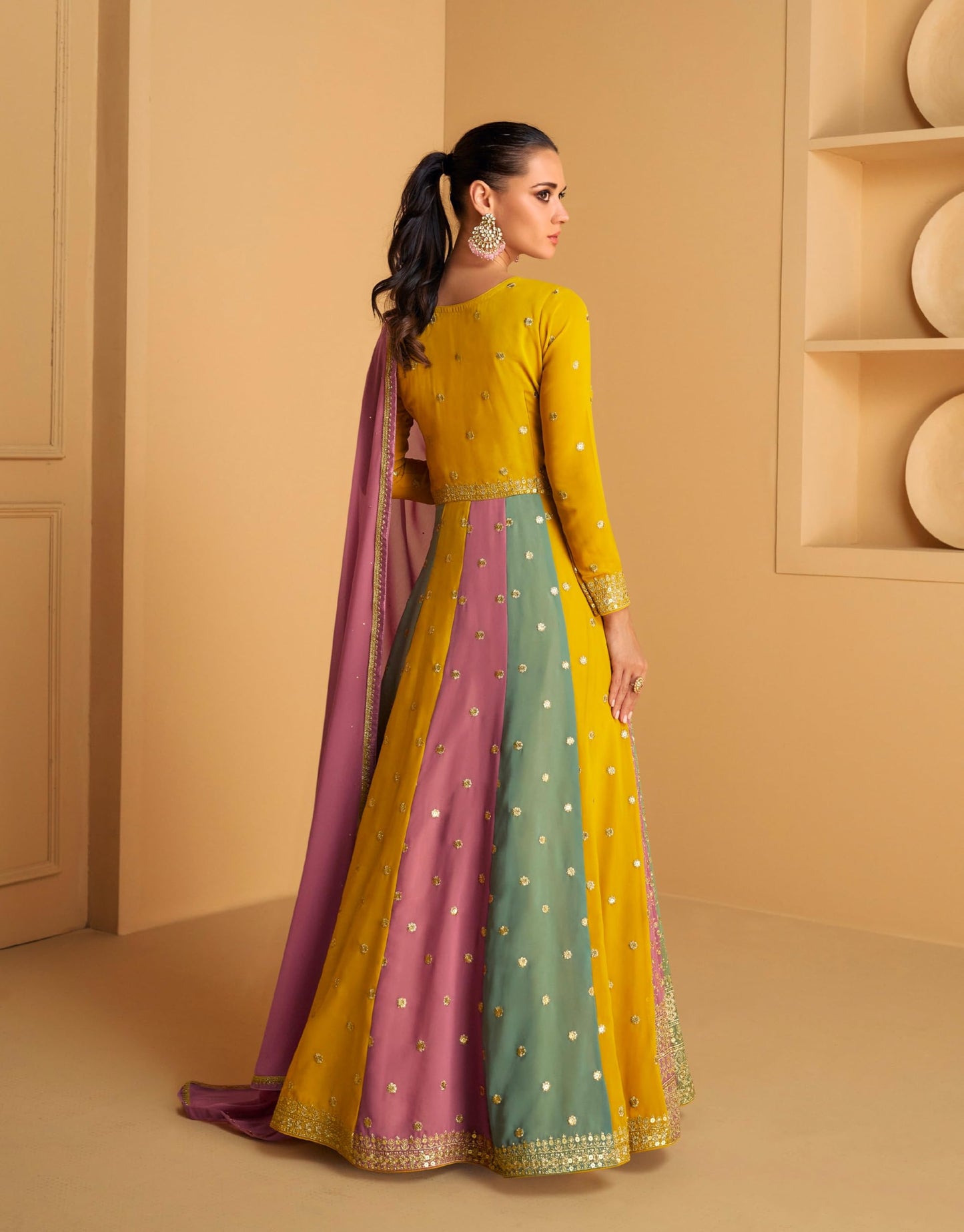 Miss Ethnik Women's Yellow Faux Georgette Stitched Top With Dupatta Full Sleeve Embroidered Anarkali Gown (ME-1183-Yellow-XL)
