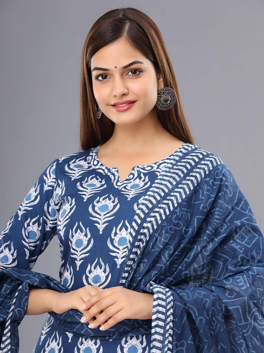 Tee Projekt Women's Cotton Blend Sweetheart Neck Straight Kurta Pant with Dupatta Set ll Block Printed Kurta Set for Women ll Festive Kurta Set for Women Navy