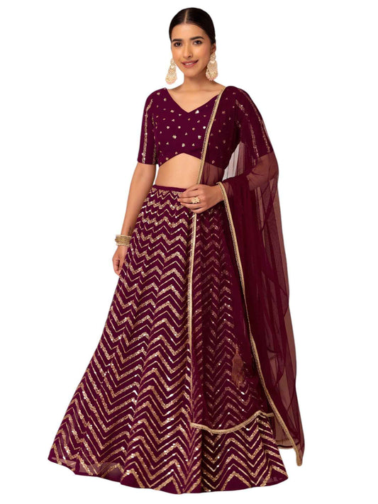 Zeel Clothing Women's Sequins Zari Embroidered Georgette Designer Semi Stitched Lehenga Choli With Dupatta (7094-Maroon-Womens-Lehenga-Choli-Latest; Free Size) (Maroon)