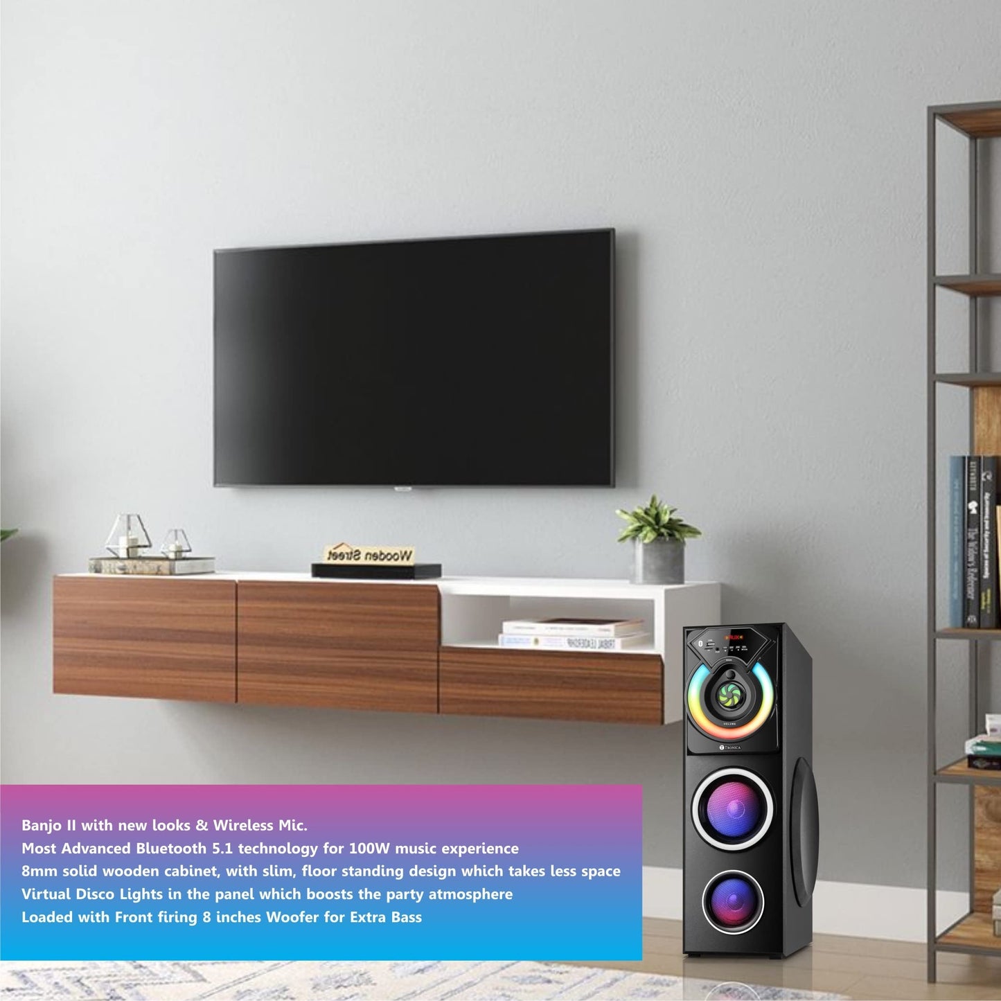 TRONICA RIDHAM 3 - The Powerful Bluetooth 100W Home Theater DJ Speaker with Vivid Light Effects, Supports PenDrive/SD Card/FM/TV/Aux with Remote & Free Wireless Mic