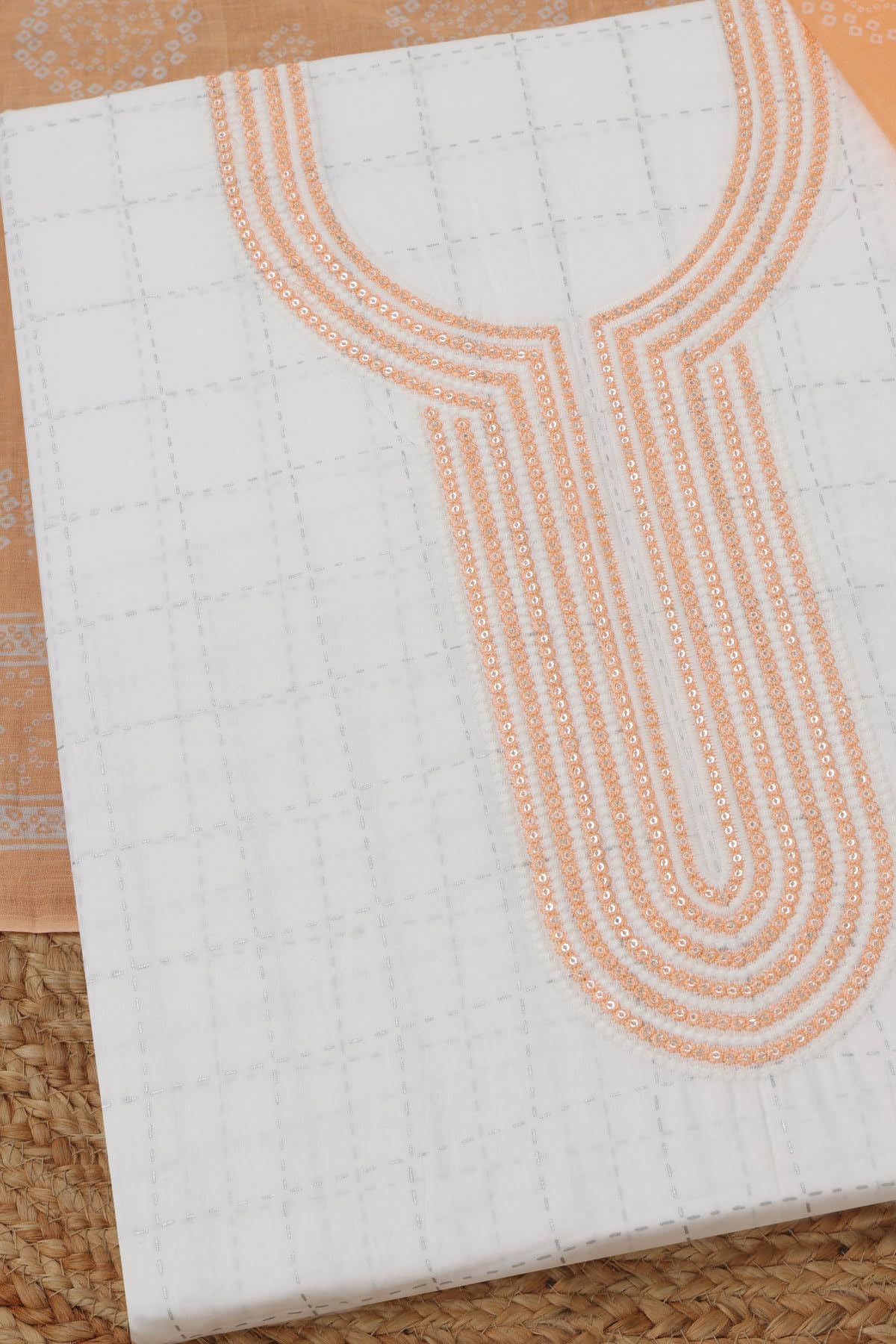 Soch Womens White Cotton Checks Dress Material With Machine Embroidery and Sequin Details