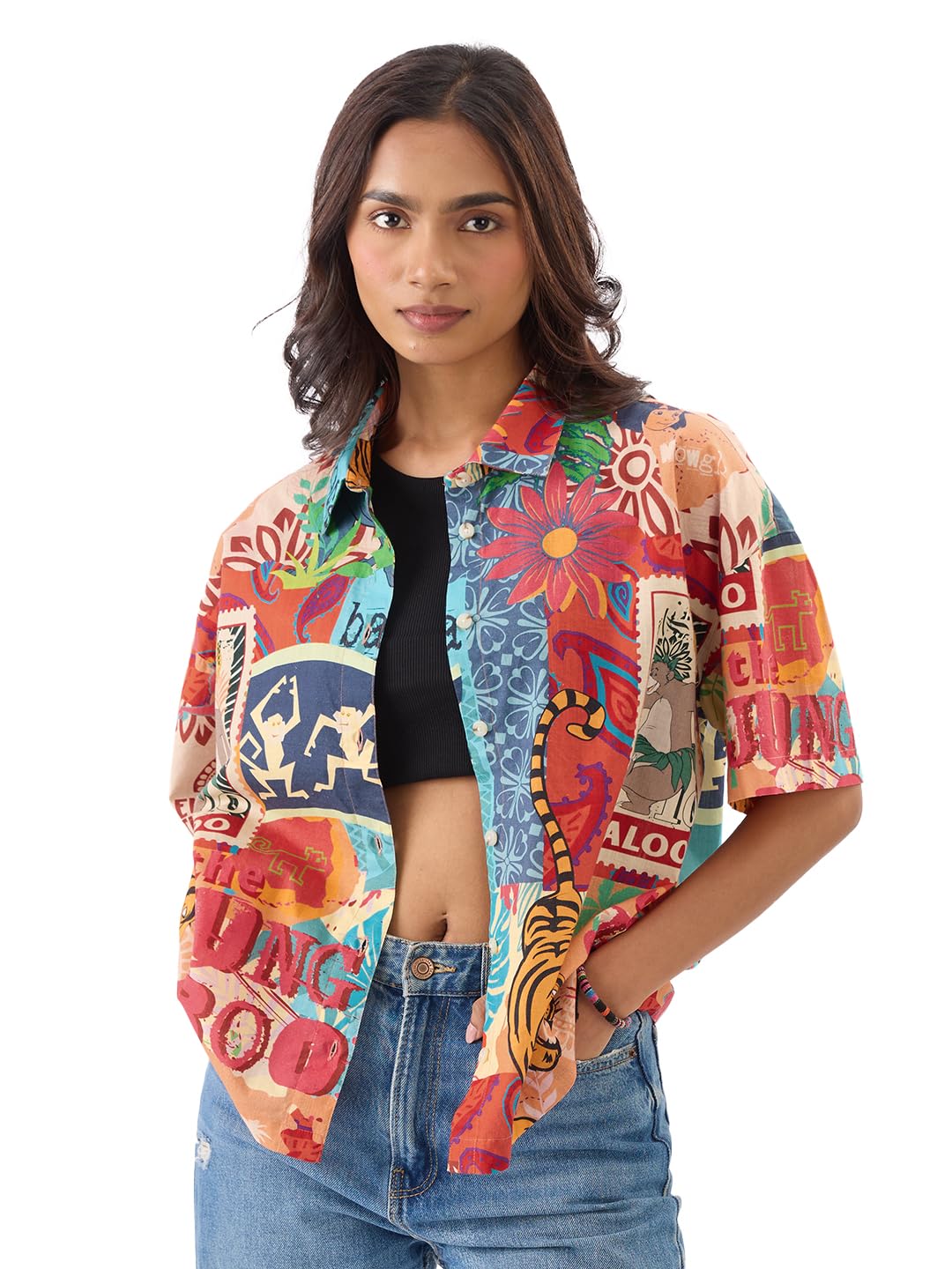The Souled Store Official Jungle Book: Indie Vibe Women and Girls Short Sleeve Collared Neck Buttoned Front Oversized Fit Cotton Summer Shirts Multicolour