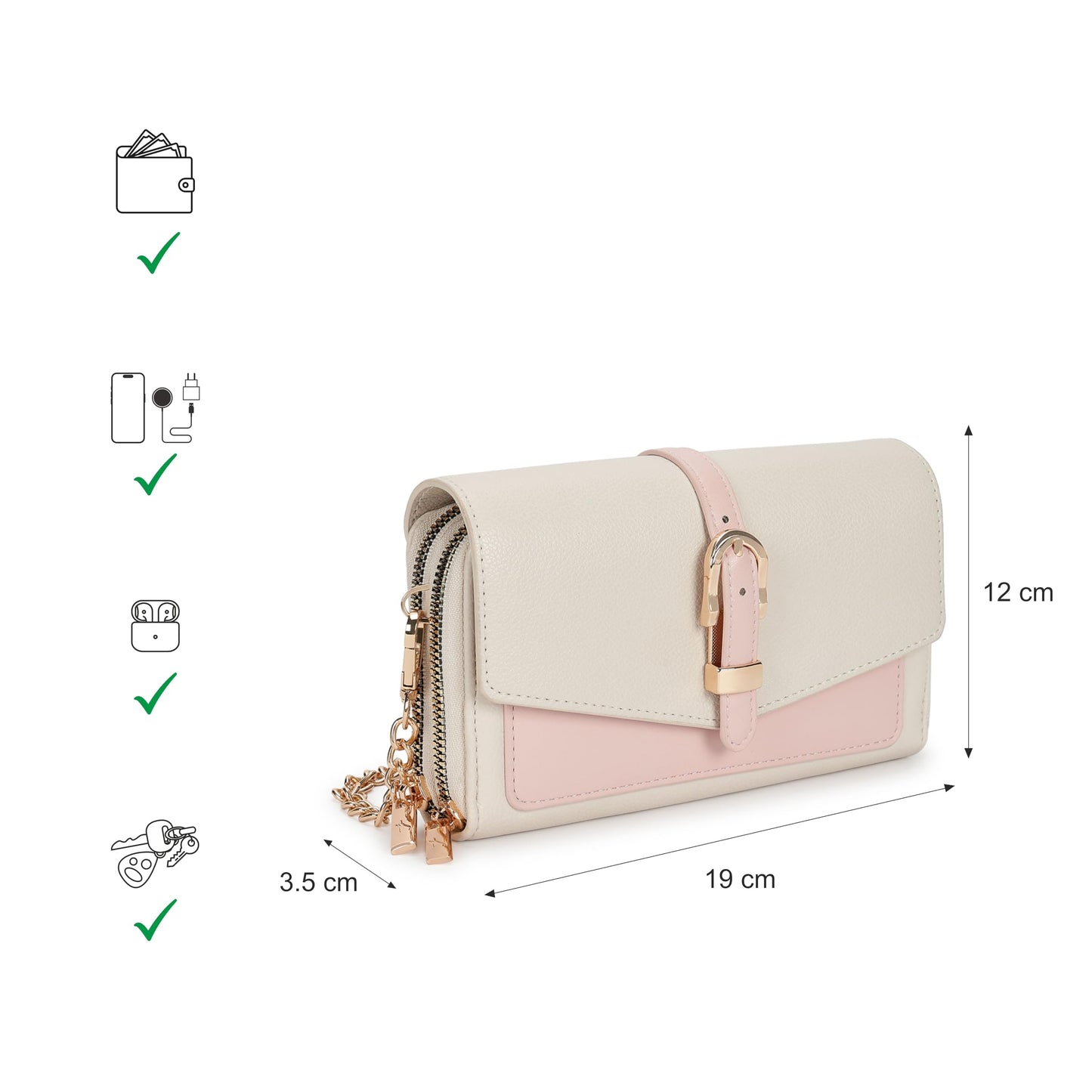 Fastrack Color-Blocked Sling Bag for Women | Faux Leather Crossbody with Zippered Compartment, Chain Strap and Lightweight Build | Compact Everyday Bag for Travel, College and Casual Outfits