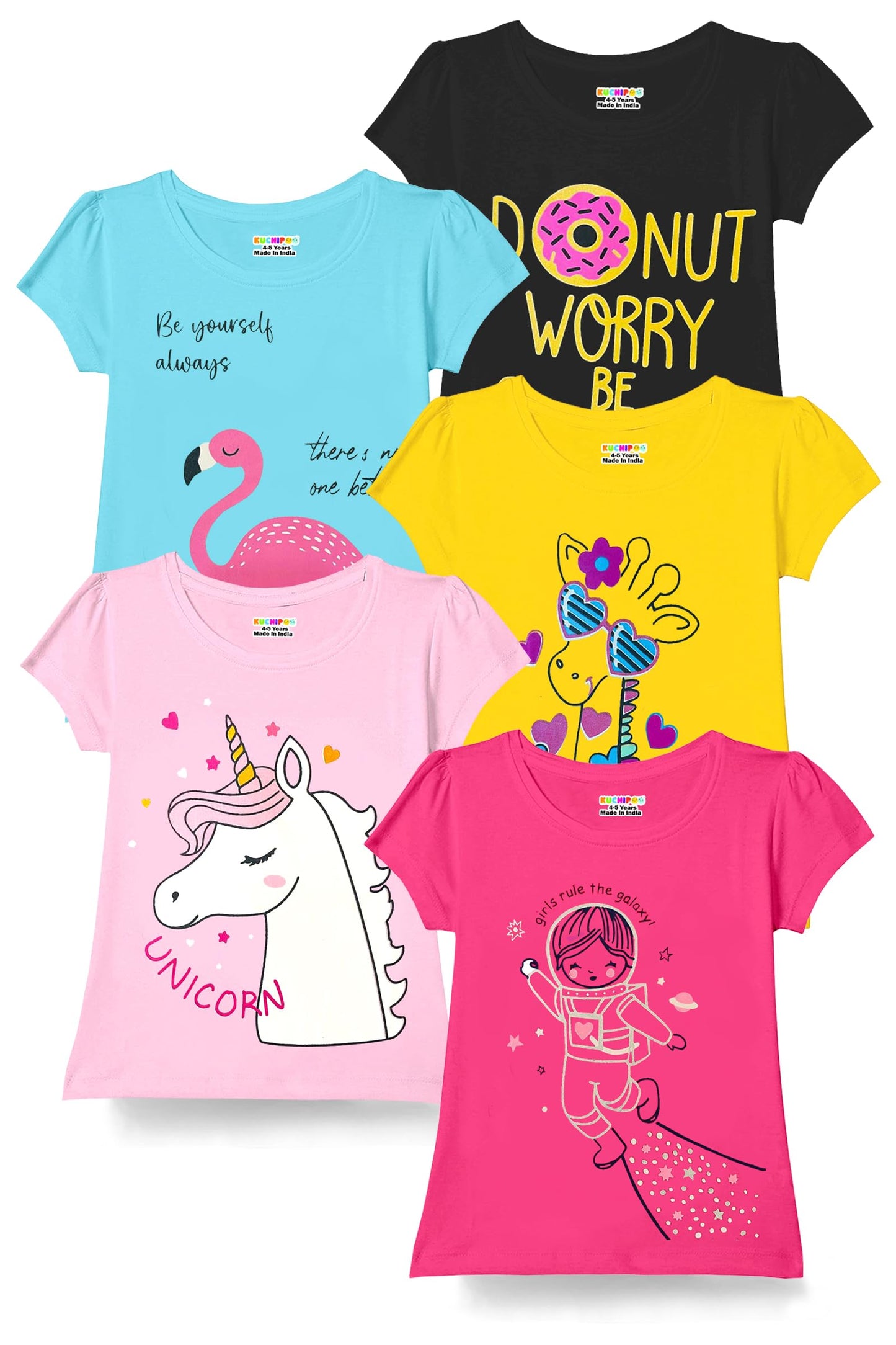 Kuchipoo Girls Regular Fit Half Sleeves Cotton T-Shirts (KUC-TSHRT-460, 13 to 14 Years, Multi-Colored)