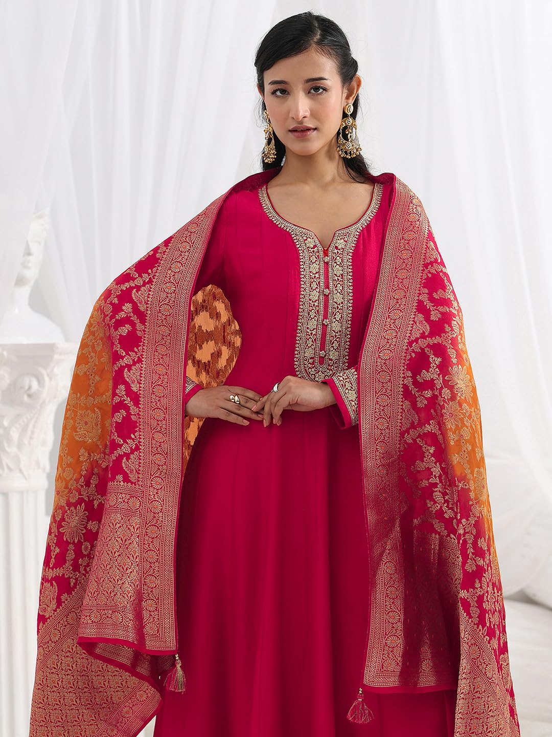 Libas Embroidered Silk Blend A-Line Ethnic Dress with Dupatta-93607M