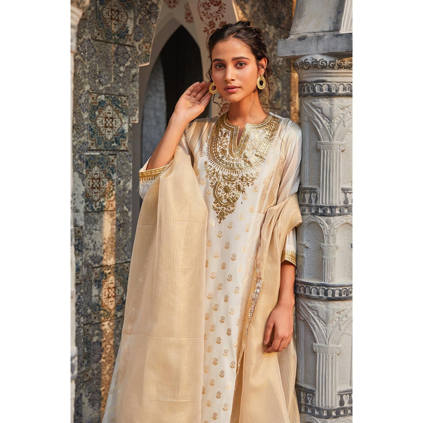 BIBA Women Cotton Blend Straight Self Design Suit Set (SKDMAURYA9378SS24OWHT_Off White