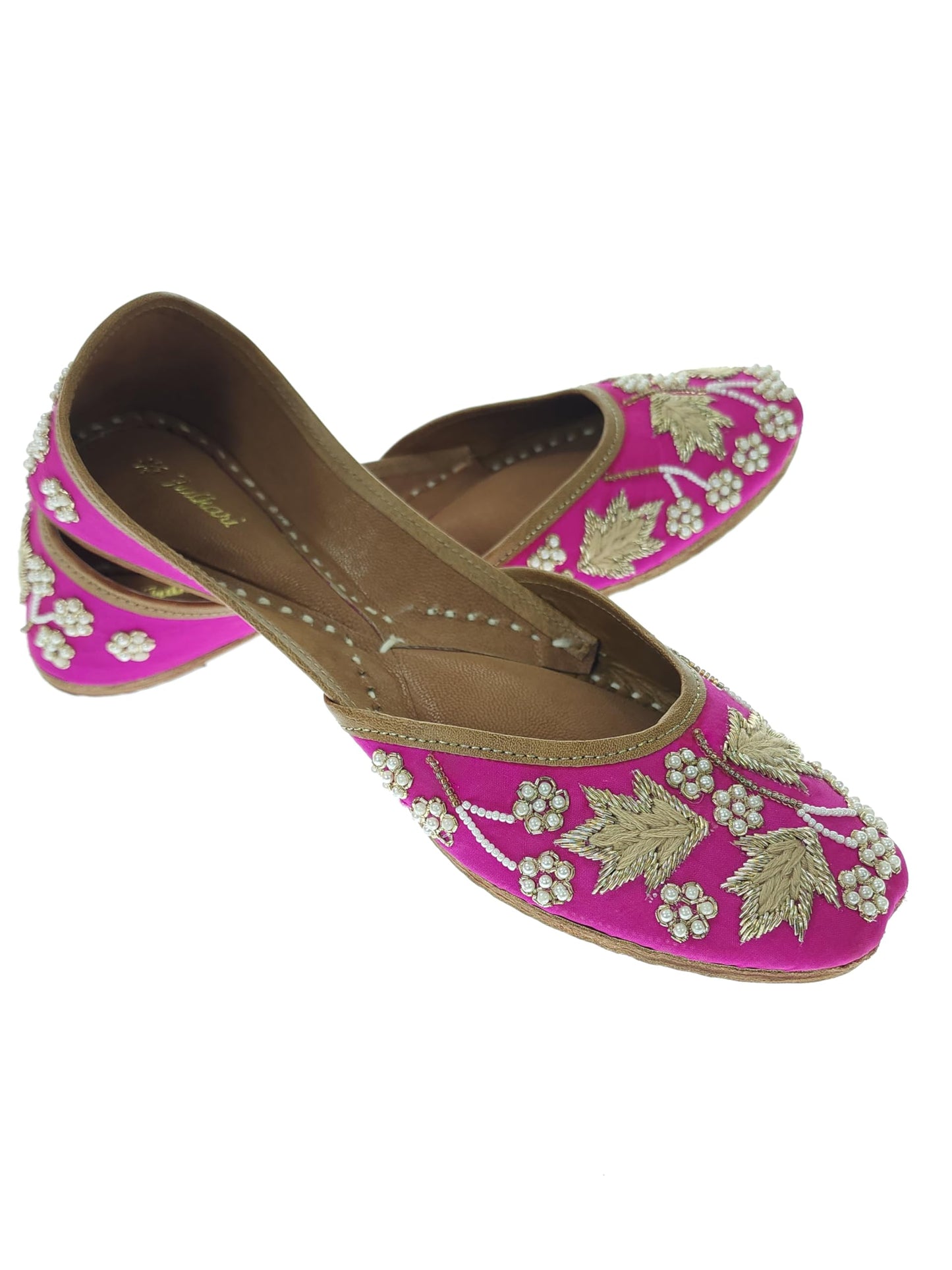 Fulkari Women Palm Leaf Gold Soft Embroidered Jutis | Bite and Pinch Free Jutti | Punjabi Formal Juttis | Girl's Wedding Flat Ladies Mojari | Formal Ethnic Juti |