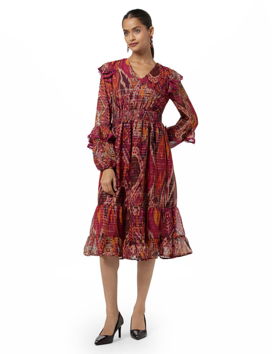 ONLY Women Abstract Printed Casual Maroon Midi Dress