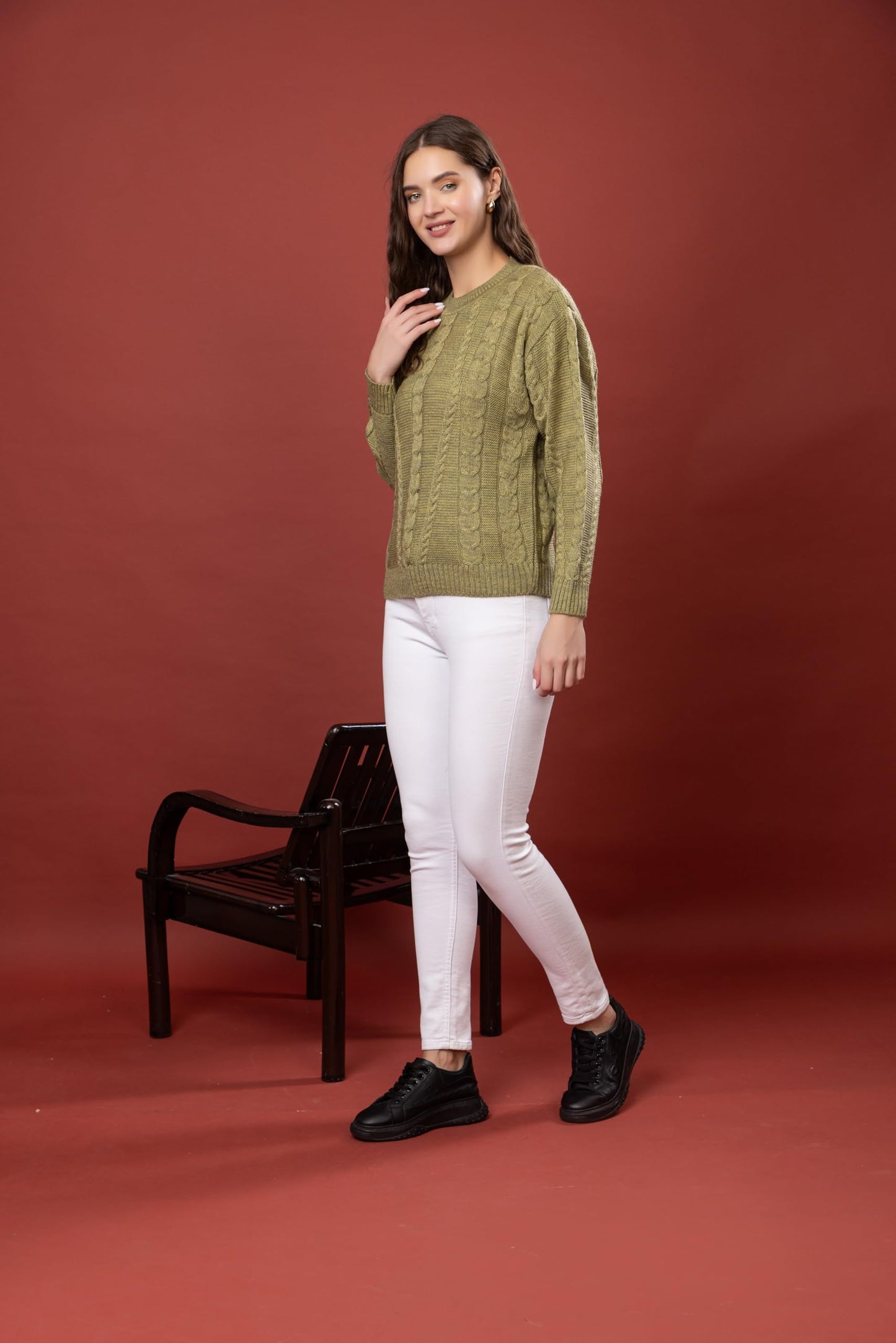 Style Dusk Women Sweater for Winter Woolen Full Sleeves Round Neck Cable Design Stylish Sweater for Winter Season (in, Alpha, 2XL, Olive)