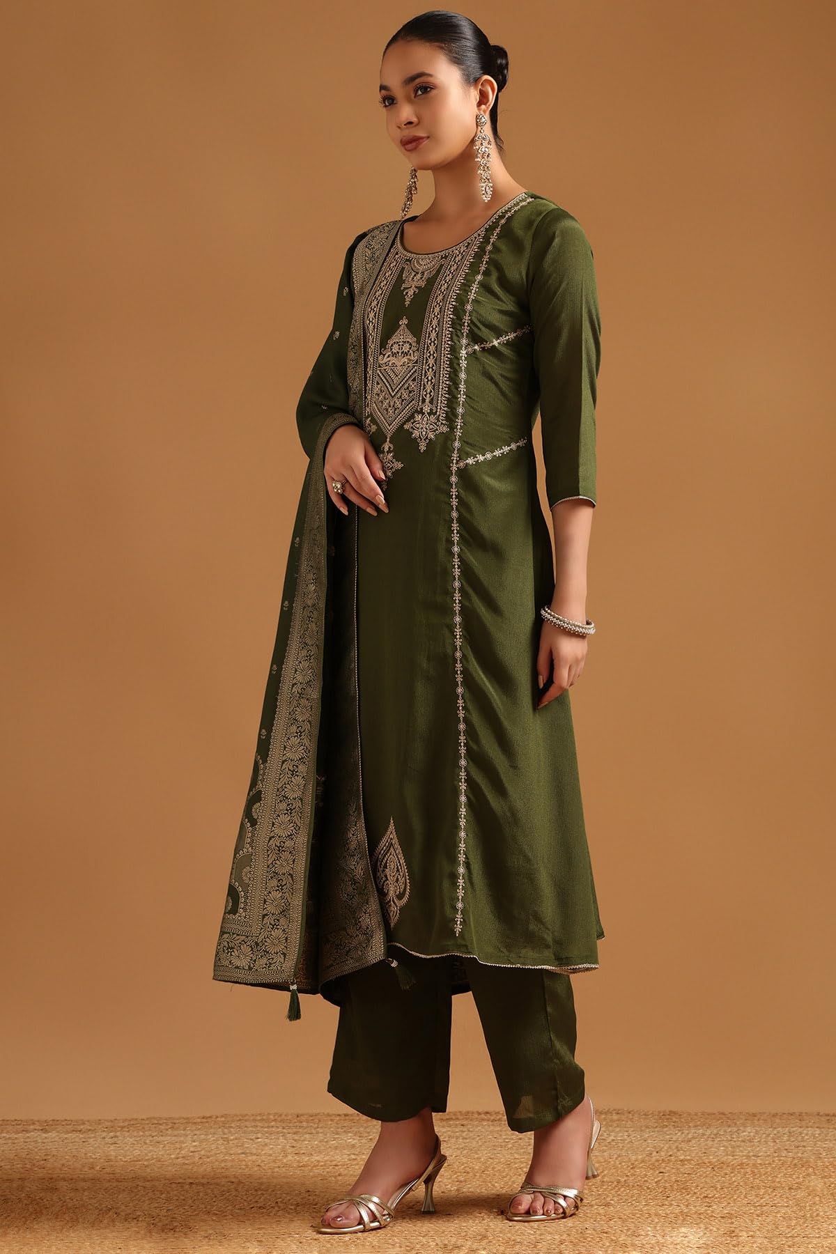 Soch Womens Green Viscose Blend Ethnic Motifs Salwar Suit With Zari