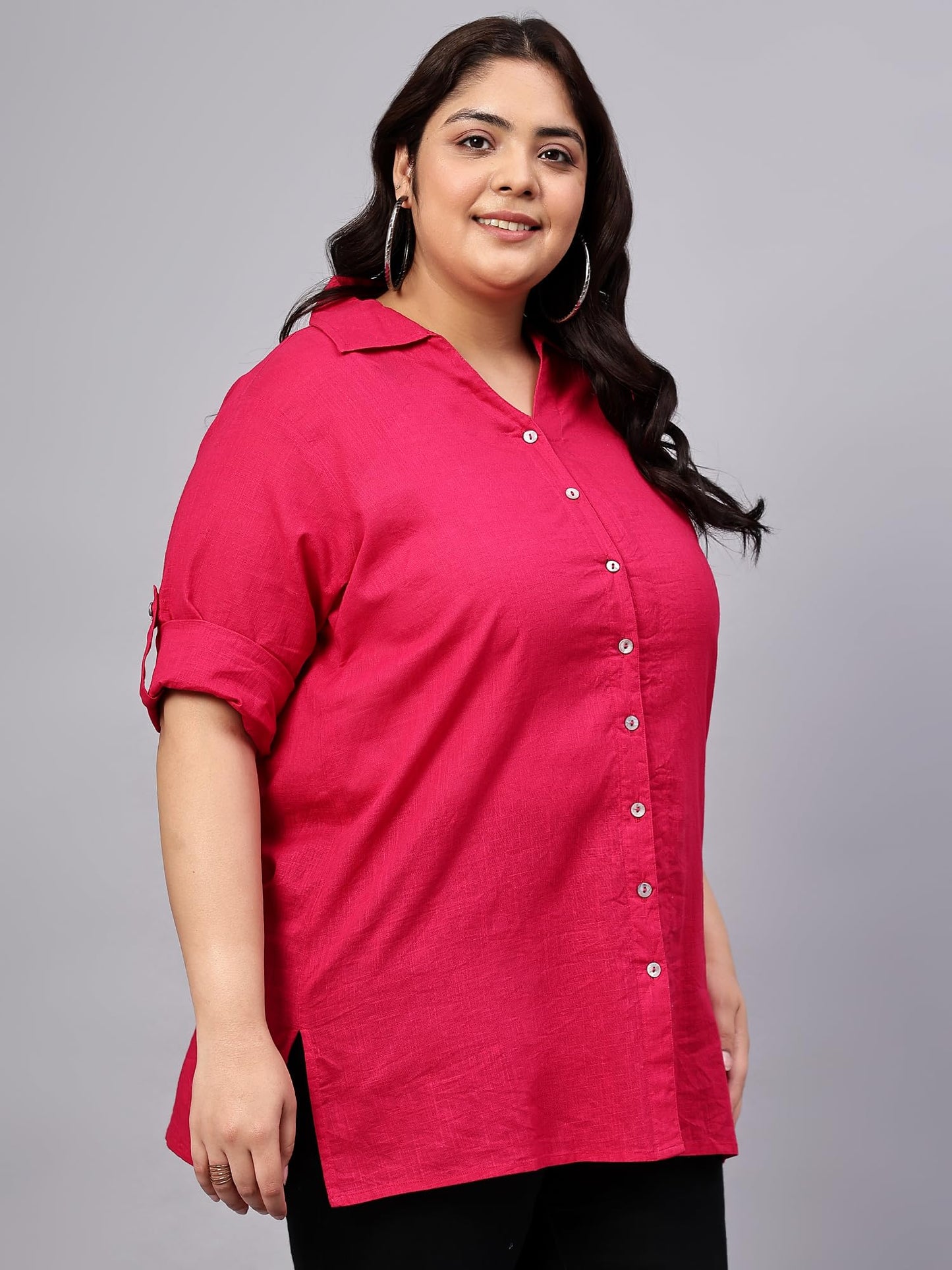 Indietoga Women's Plus Size Cotton Longline Casual Shirt (P10001508_Pink Solid_XL)