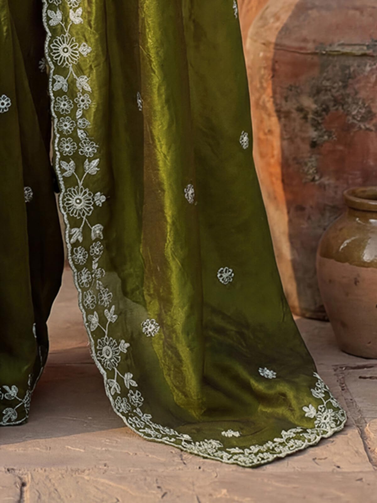SIRIL Women's Tissue Silk Scalloped Border Embellished Sequins Embroidery Saree with Unstitched Blouse Piece (4793S141A_Mehndi Green)