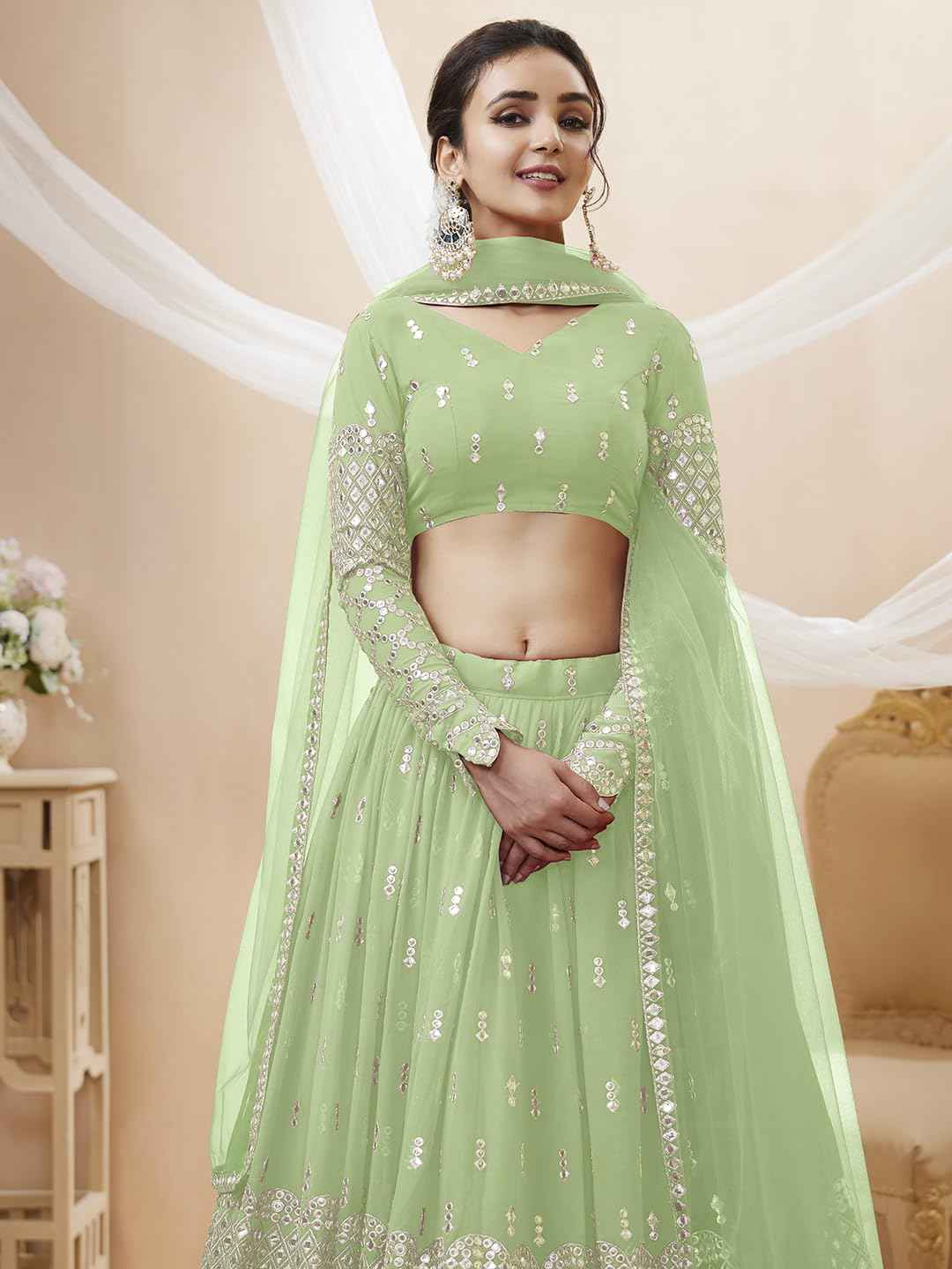 Zeel Clothing Women's Sequins Zari Embroidered Georgette Semi Stitched Lehenga Choli With Dupatta (311-Pista-Wedding-Bridal-Latest-New; Free Size) (Pista)