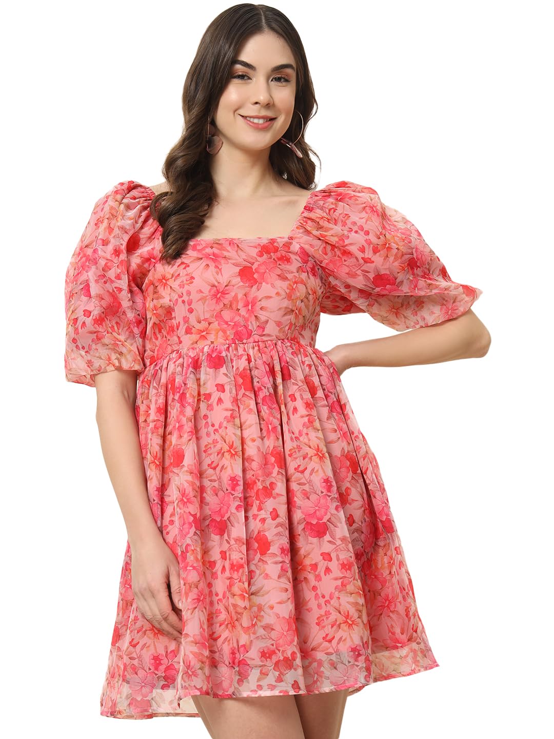 Trend Arrest.ed Women’s Floral Organza Puff Sleeve Mini Dress | Square Neck with Lining | Fit & Flare Western Style for Brunch, Travel & Day Outings (D5366_Pink_XL)