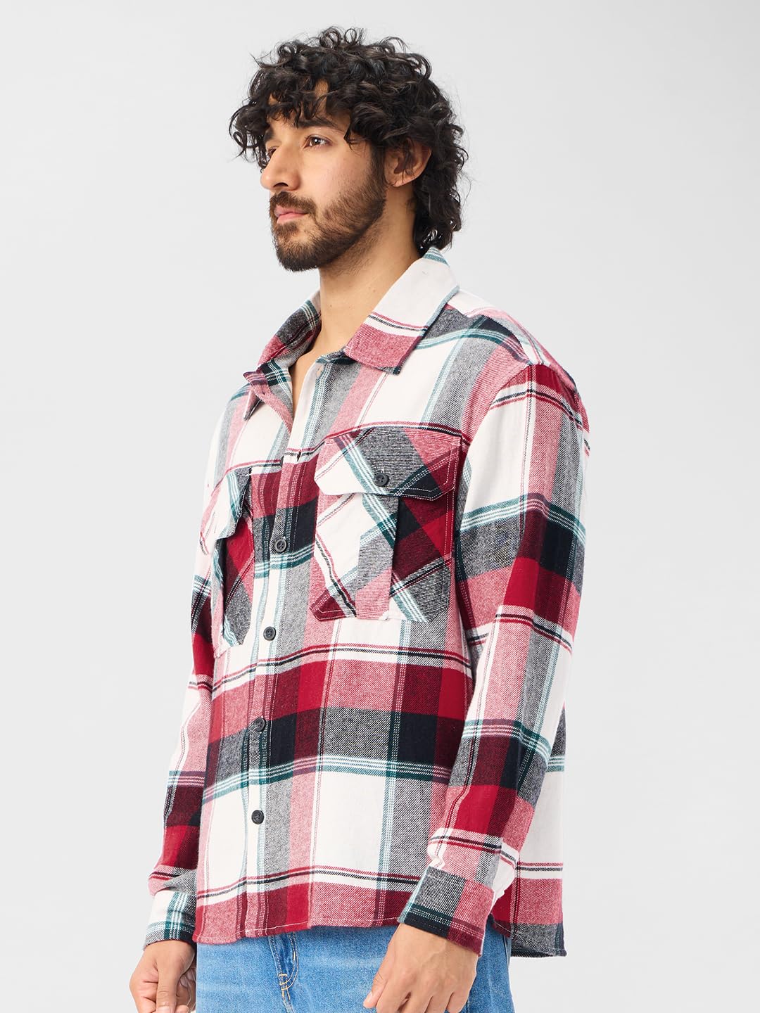 The Souled Store Plaid: Red, White, Blue Men and Boys Long Sleeves Collared Neck Button Front Cotton Oversized Flannel Shackets