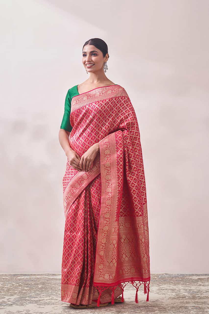 MOHEY Saree for Women, All Over Jaal, Bordered Saree with Blouse Piece, Weave Art Silk Sari (Rani)