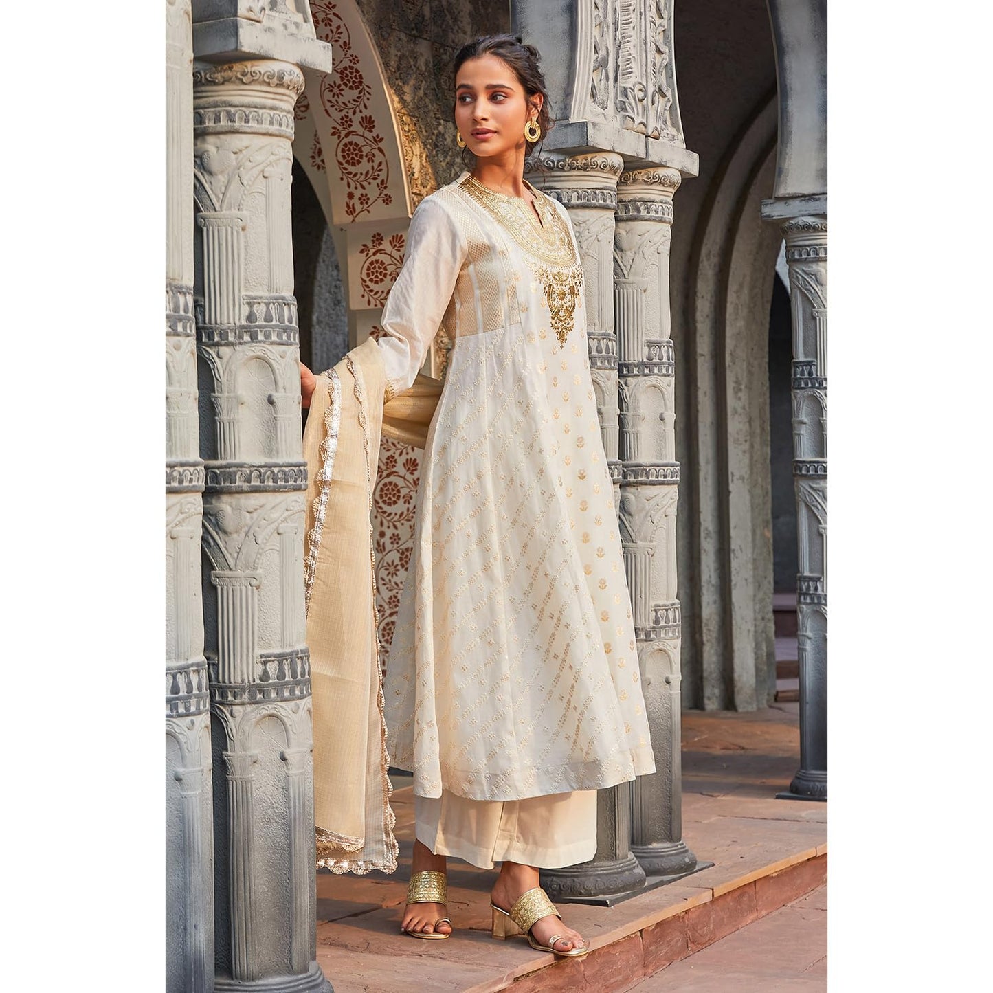 BIBA Women Cotton Blend Straight Self Design Suit Set (SKDMAURYA9378SS24OWHT_Off White