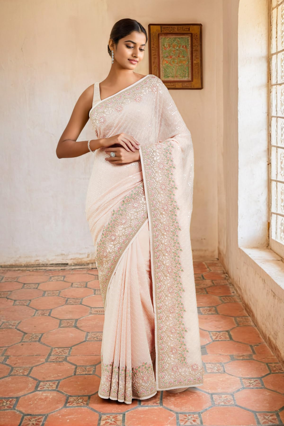 Soch Womens Peach Georgette Saree With Floral Embroidery And Sequins