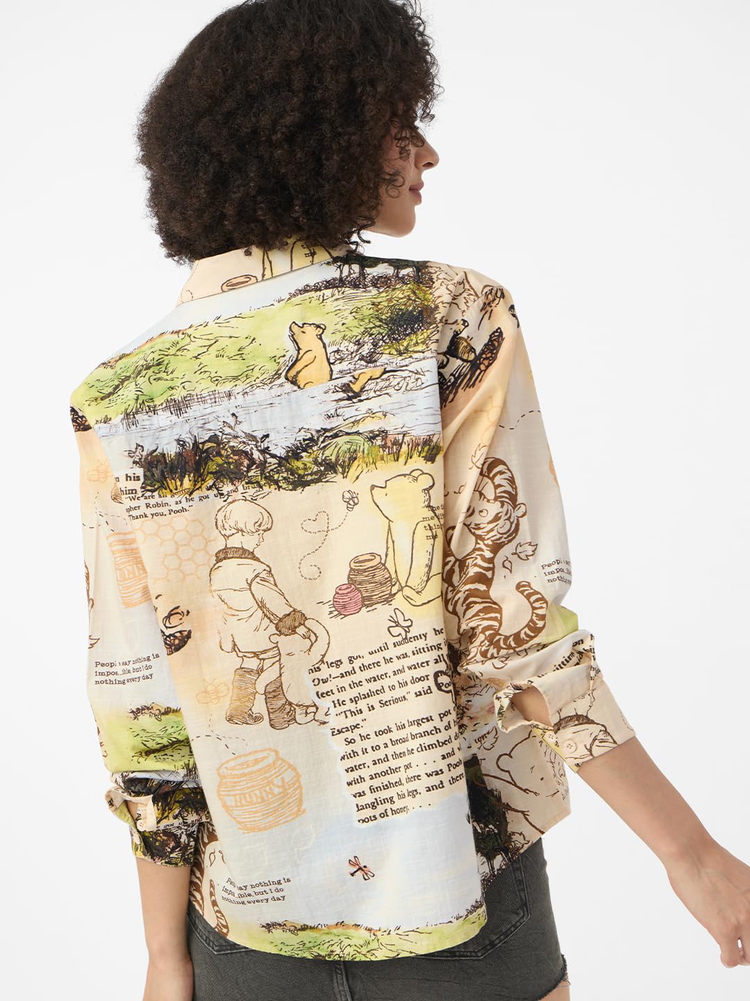 The Souled Store Winnie The Pooh: Wonderland Women and Girls Long Sleeves Collared Neck Button Front Beige Printed Regular Fit Cotton Shirts