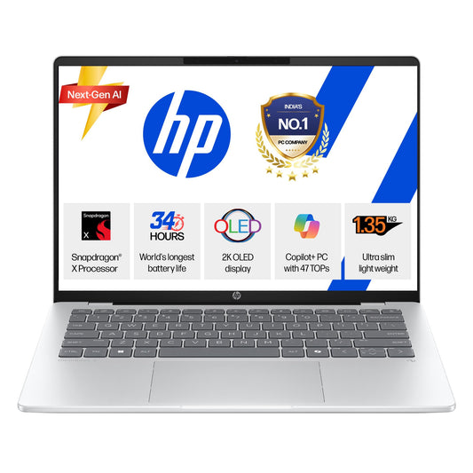 HP OmniBook 5 QC Snapdragon X1-26-100 Next Gen AI Laptop, (16GB LPDDR5x, 512GB SSD), 2K,14''/35.6cm OLED, Win11,Office24, Silver,1.35kg, FHD Camera w/Privacy Shutter, Backlit, he0014QU