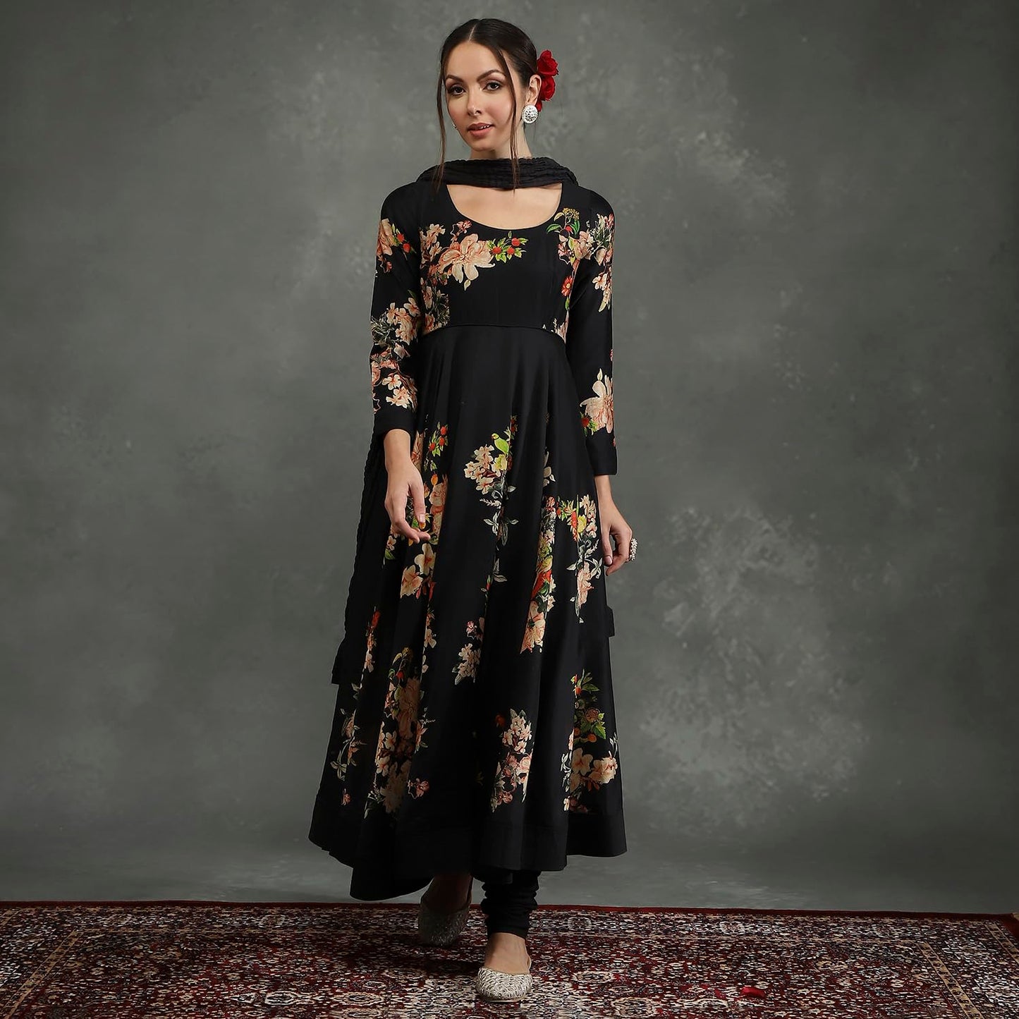 BIBA Women's Silk Chanderi Kurta Sets (CKD10960AW24BLK_Black