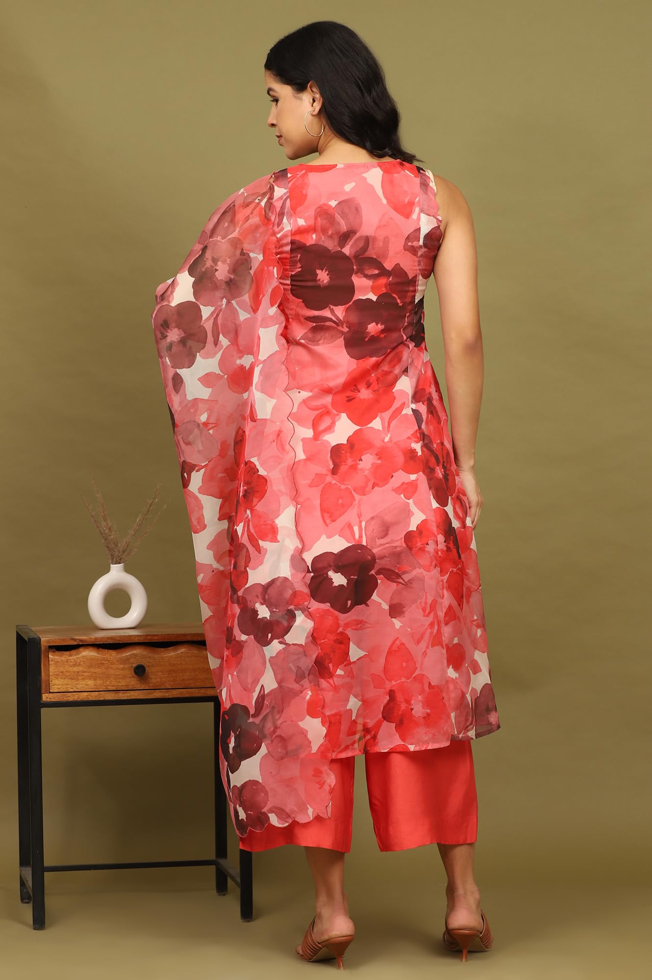 W for Woman Crimson Red Bold Floral Printed Organza Flared Kurta, Pants and Dupatta Set (Size: S)-WS12238-125263