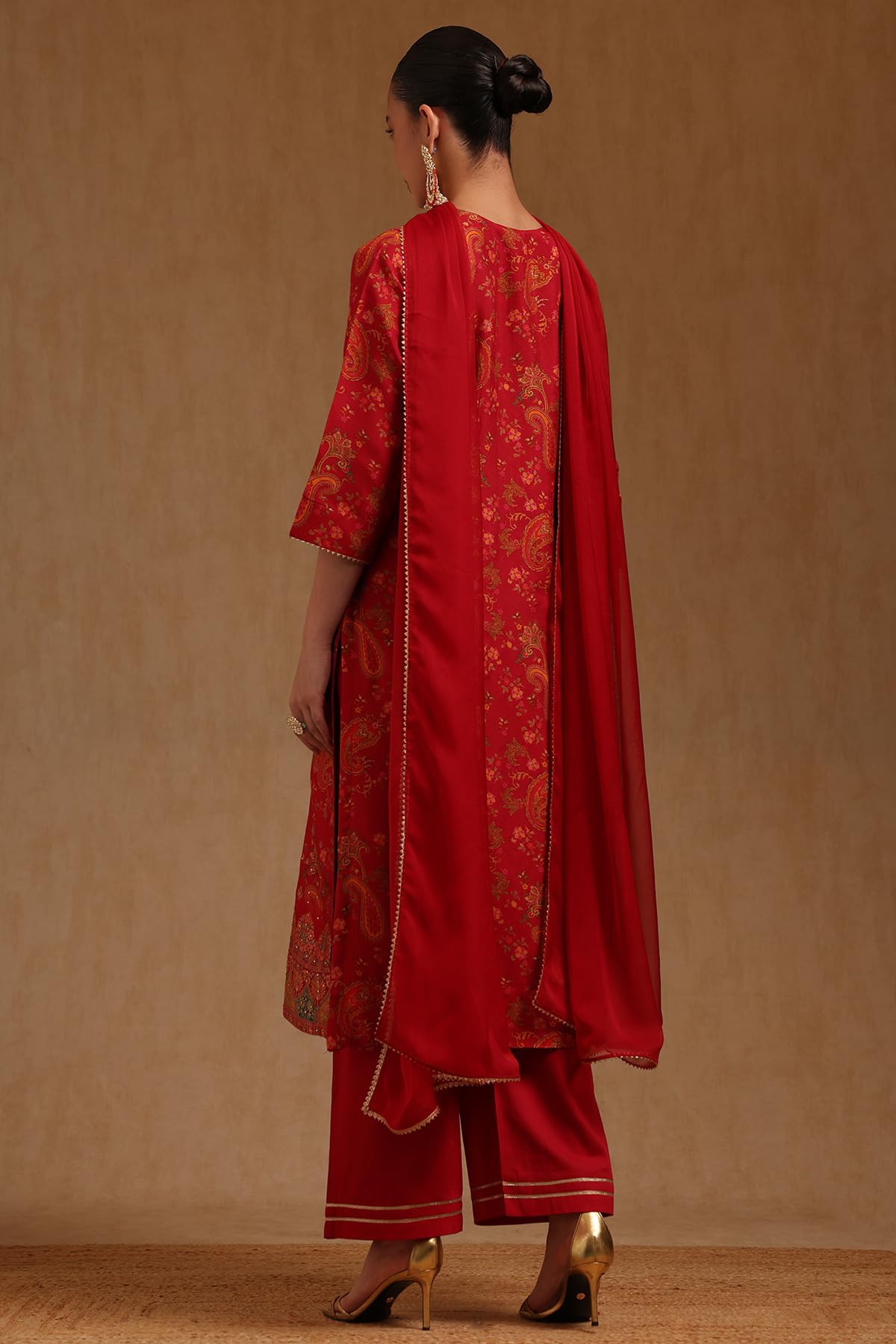 Soch Womens Red Russian Silk Ethnic Motifs Salwar Suit With Cutdana And Stone